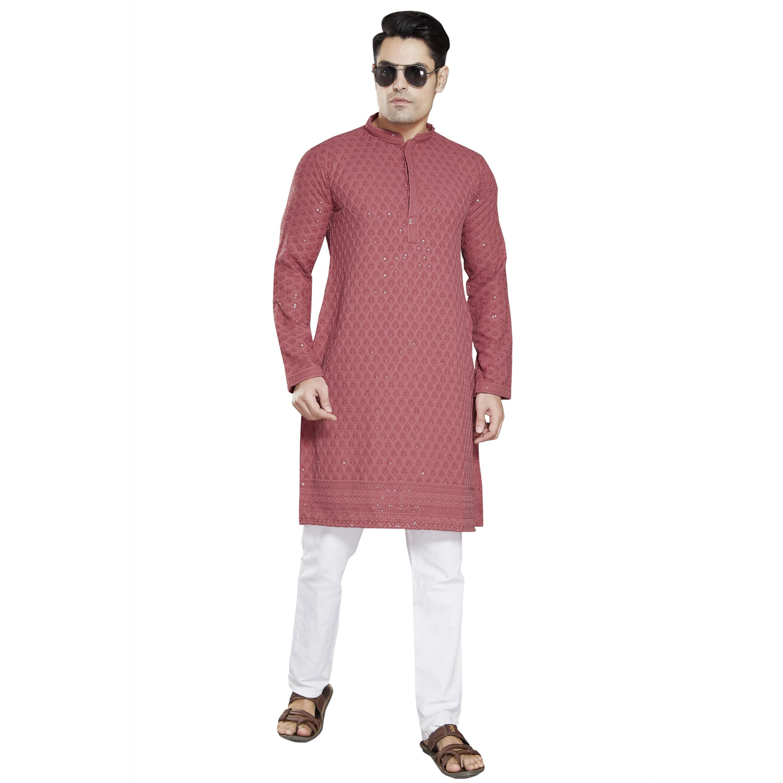 Divisive Men's Sequince Embroidered Cotton Blend Slim Fit Kurta Pyjama Set (Dkrt29_L_Peach)