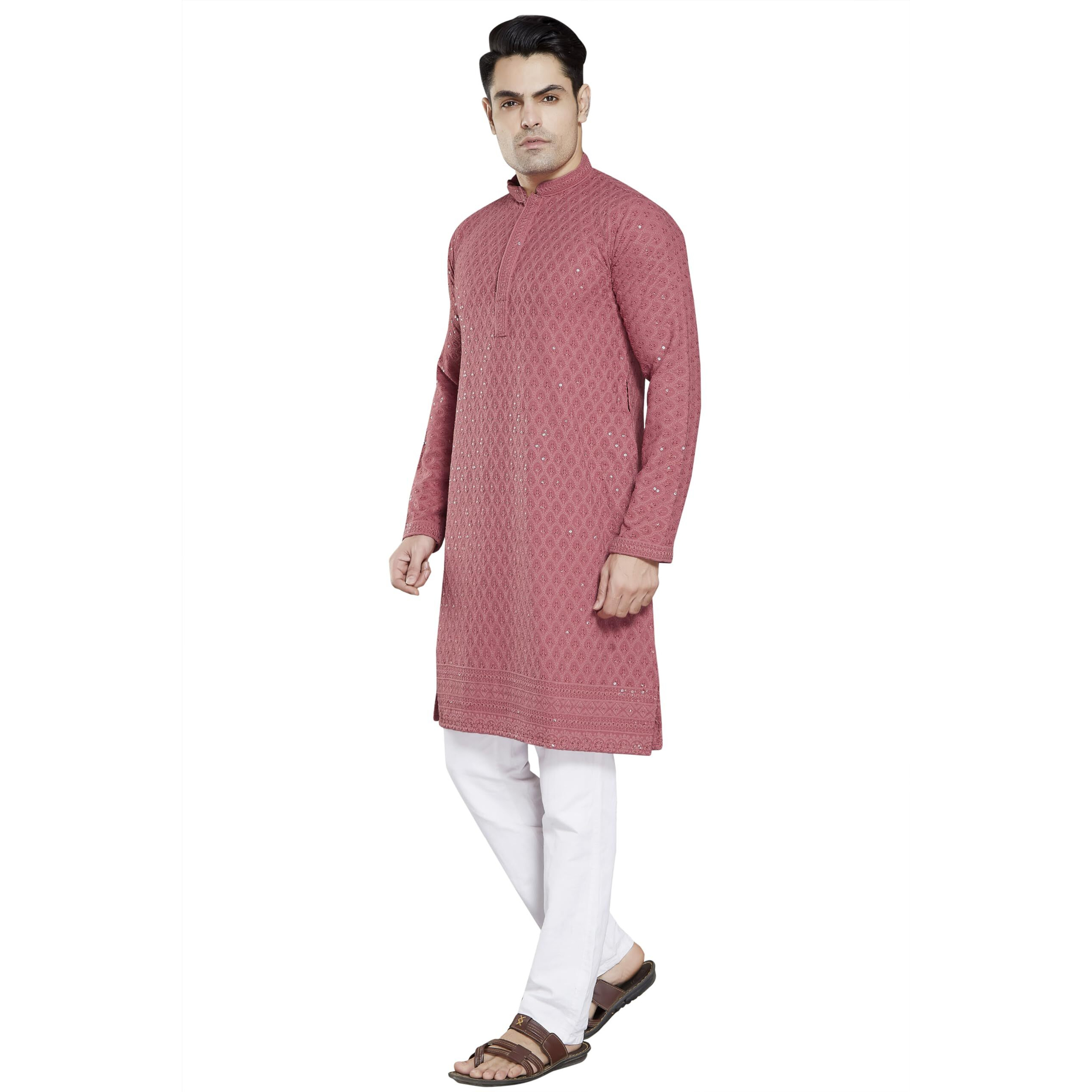 Divisive Men's Sequince Embroidered Cotton Blend Slim Fit Kurta Pyjama Set (Dkrt29_L_Peach)