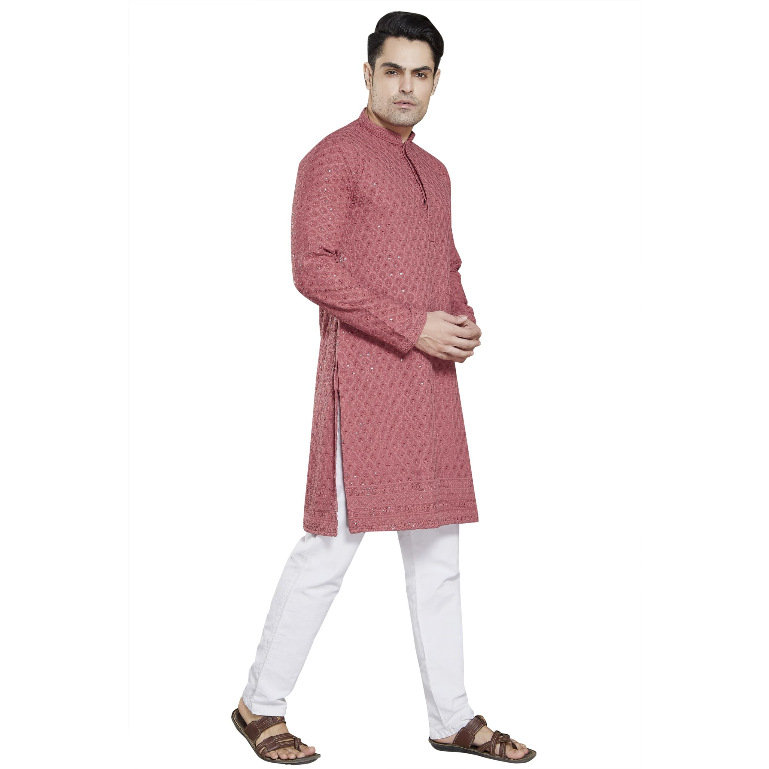 Divisive Men's Sequince Embroidered Cotton Blend Slim Fit Kurta Pyjama Set (Dkrt29_L_Peach)