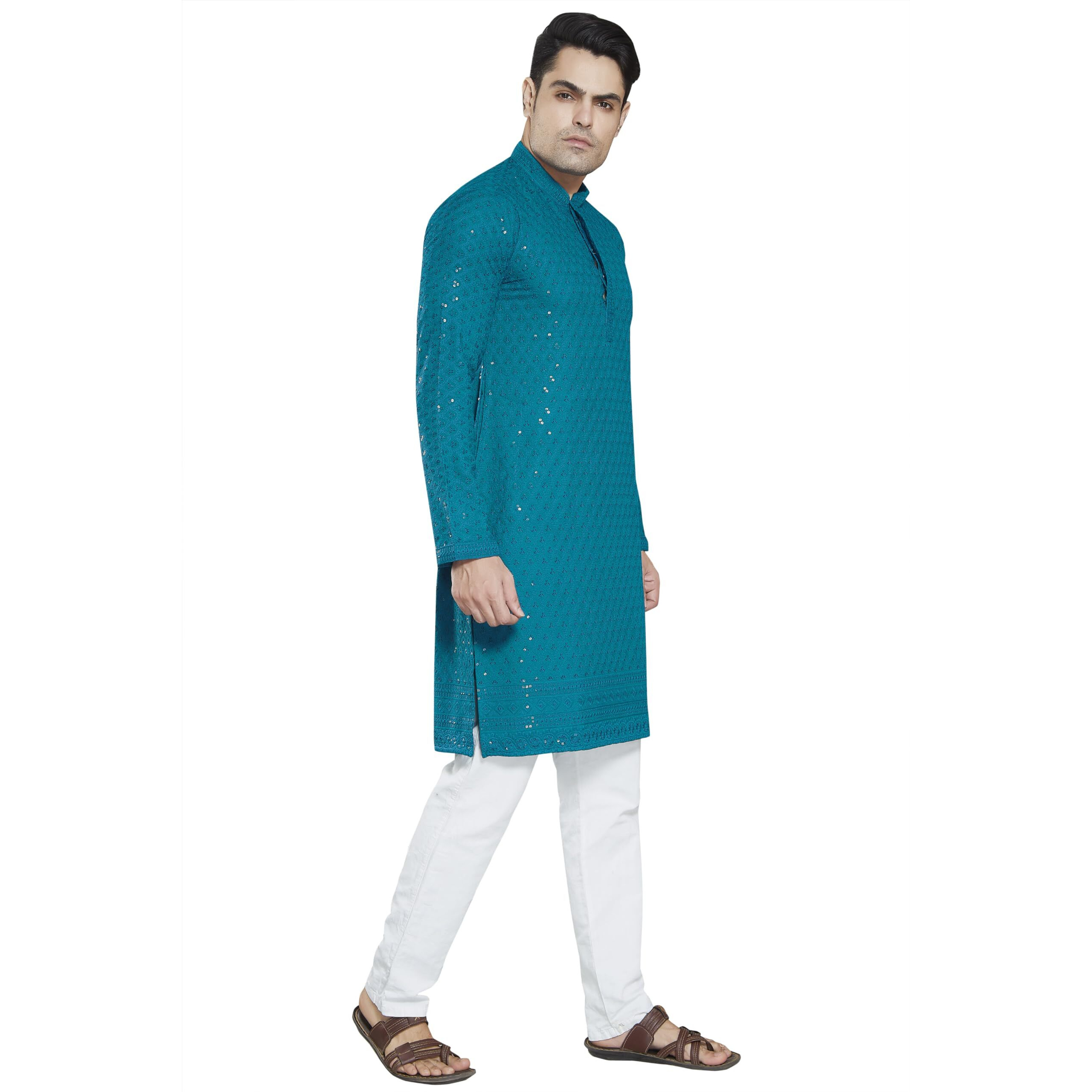 Divisive Men's Sequince Embroidered Cotton Blend Slim Fit Kurta Pyjama Set (Dkrt27_Xxxl_Turquoise)