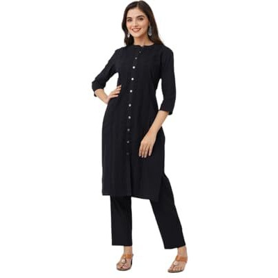 Ishin Black Cotton Schiffli Straight Kurta With Solid Pants