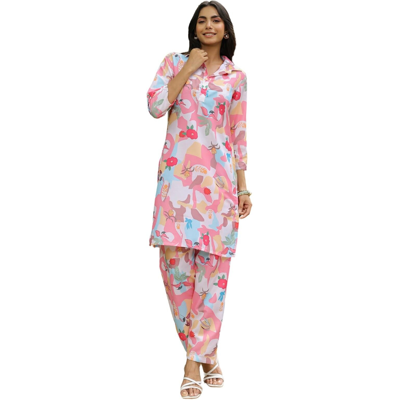 Leriya Fashion Women's Rayon Floral Regular Western Co-Ord Set (Lf-W1936&Tr958_Pink_Xl)