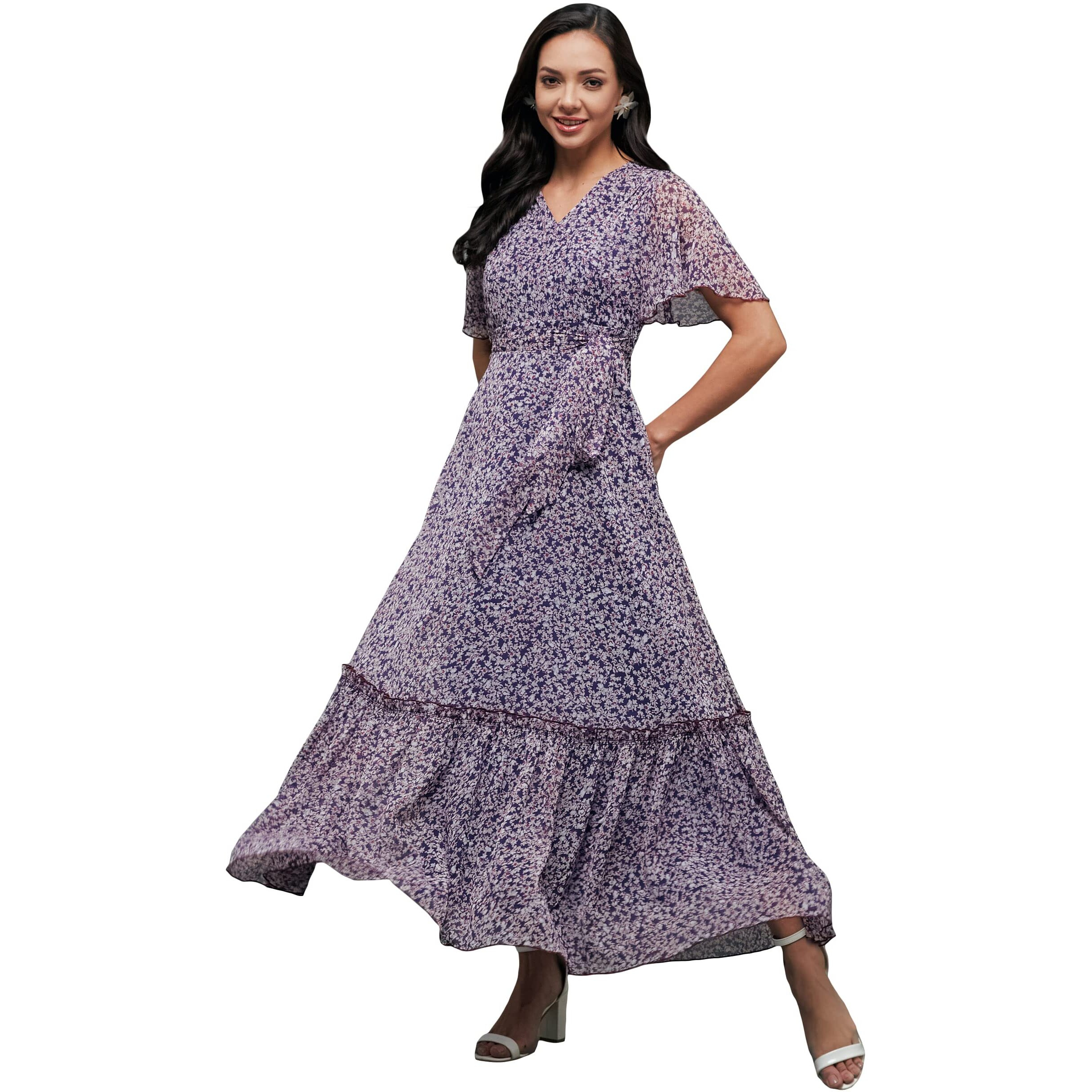 Miss Chase Women's V-Neck Flared Sleeve Floral Wrap Chiffon Maxi Dress (Mcaw21D06-14-190-02, Multicolored-Base-Purple, Xs)