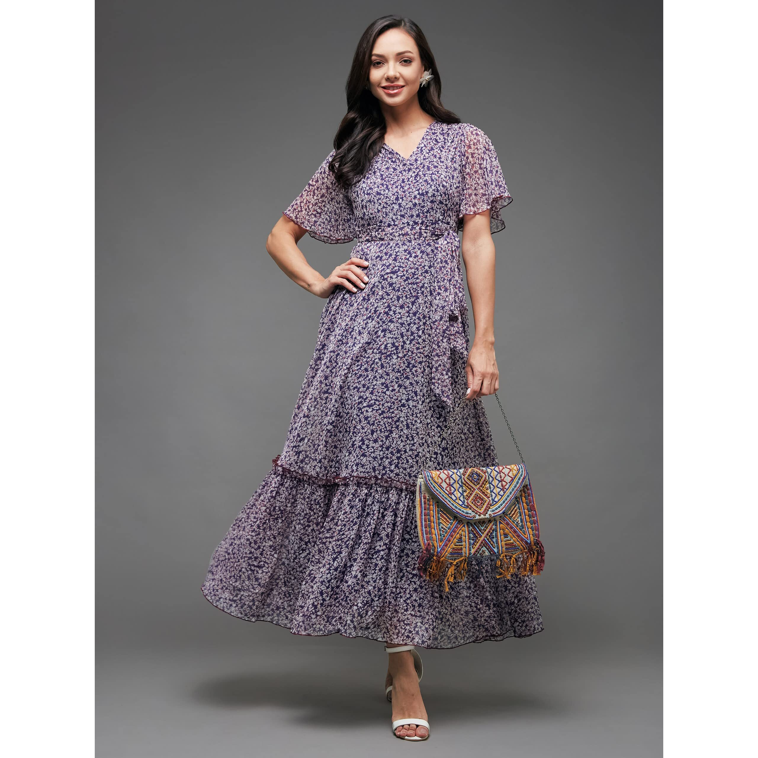Miss Chase Women's V-Neck Flared Sleeve Floral Wrap Chiffon Maxi Dress (Mcaw21D06-14-190-02, Multicolored-Base-Purple, Xs)