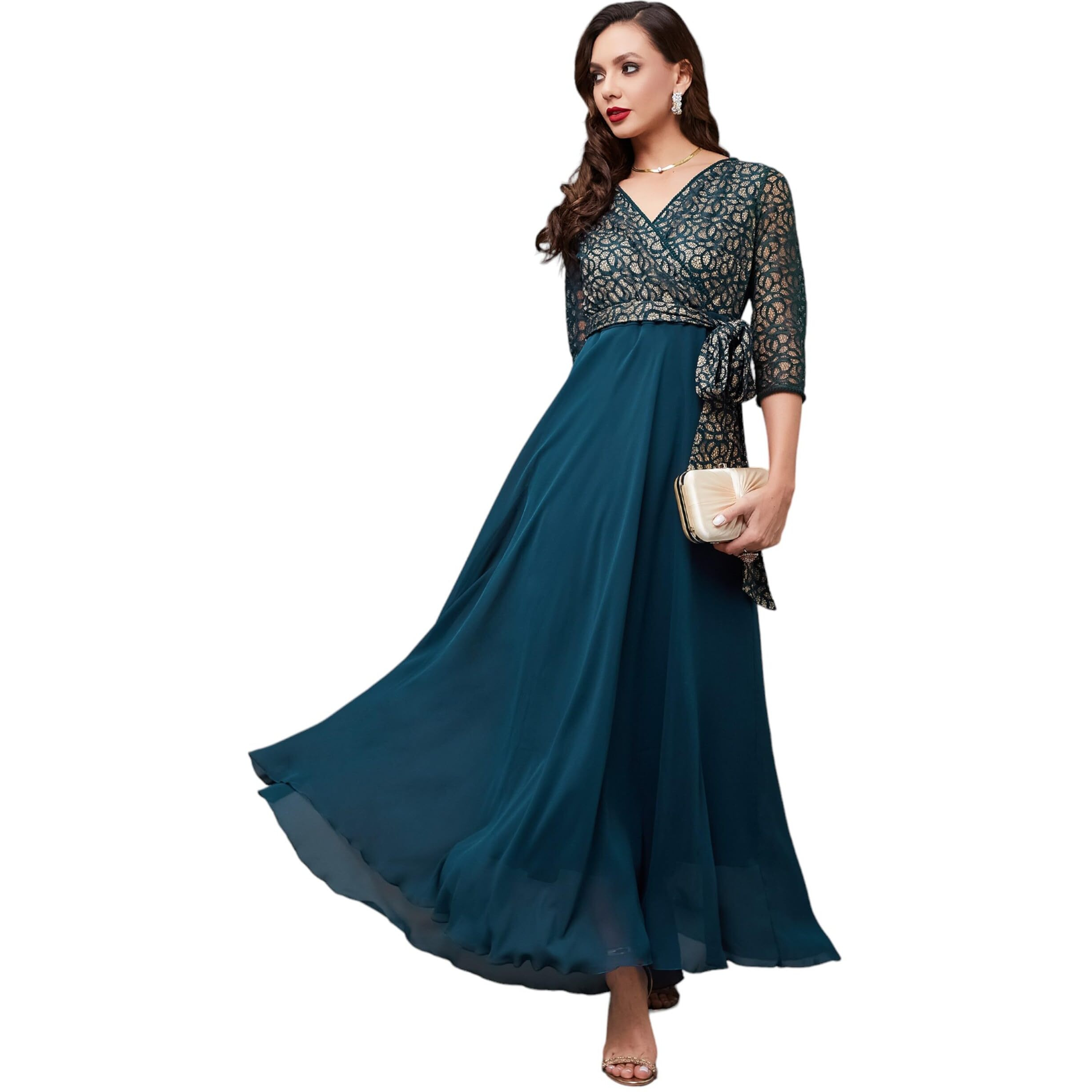 Miss Chase Women's Floral Printed Relaxed Fit V-Neck 3/4Th Sleeve Maxi Dress With Pockets (Plus (Mcss24D97-13-83-06, Teal, Xl)