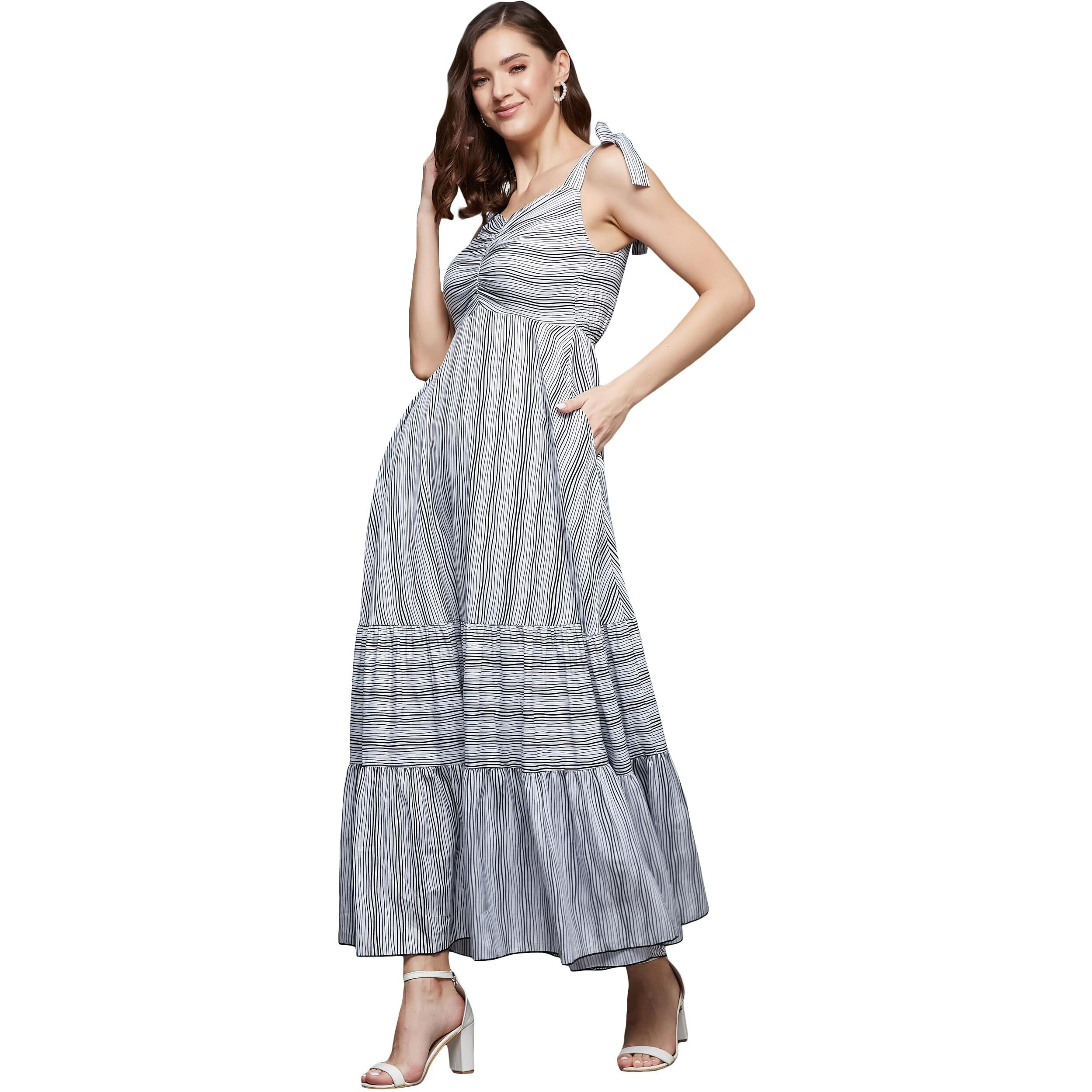 Miss Chase Women's Sweet-Heart Neck Tie-Up Viscose Rayon Tiered Relaxed Fit Longline Dress With Pockets (Mcaw23D19-05-98-05, Black And White, L)