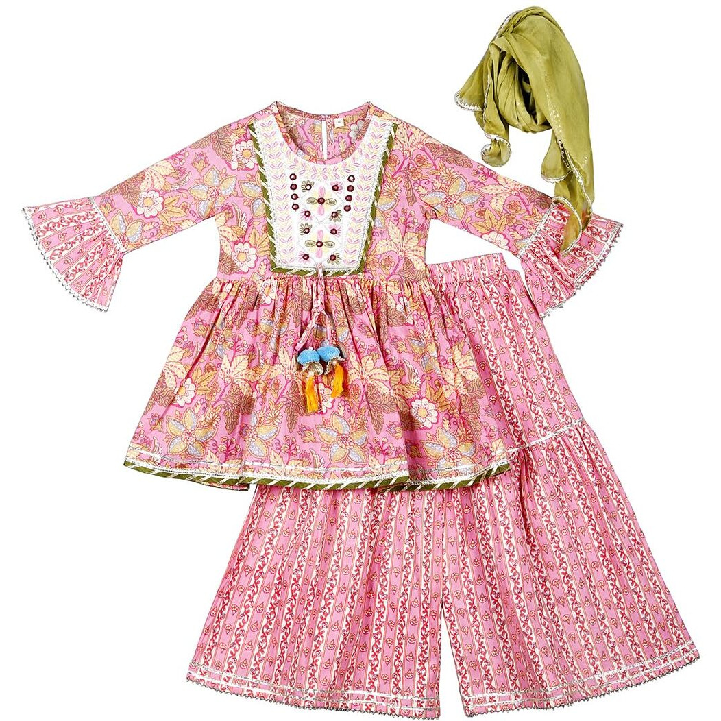 Naughty Ninos Girls Floral Printed Empire Gotta Patti Pure Cotton Kurta With Sharara & Dupatta (Nn00054Eth_2-3 Years) Pink