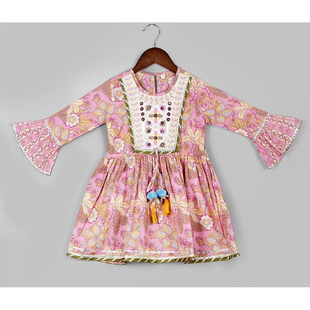 Naughty Ninos Girls Floral Printed Empire Gotta Patti Pure Cotton Kurta With Sharara & Dupatta (Nn00054Eth_2-3 Years) Pink