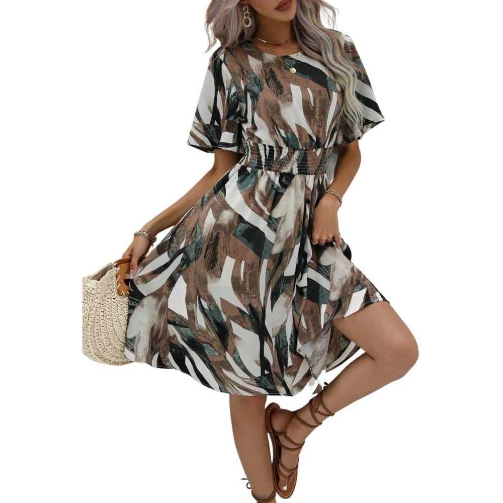 Om Sai Latest Creation Western Dress || Rayon Striped & All Over Printed Dress For Women || Flounce Sleeve Ruffle Flared Dress || Summer Dresses For Women || Best Gift For Girls. (X-Large, Brown)