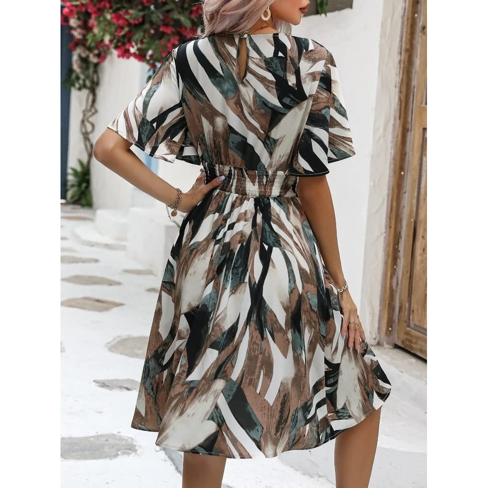 Om Sai Latest Creation Western Dress || Rayon Striped & All Over Printed Dress For Women || Flounce Sleeve Ruffle Flared Dress || Summer Dresses For Women || Best Gift For Girls. (X-Large, Brown)