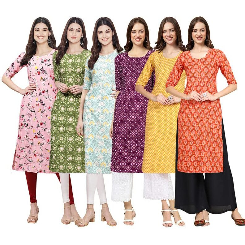 Pinkmint Women's Crepe Digital Print Straight Kurta [Pack Of 6](Qv-339-338-343-355-350-354-M)