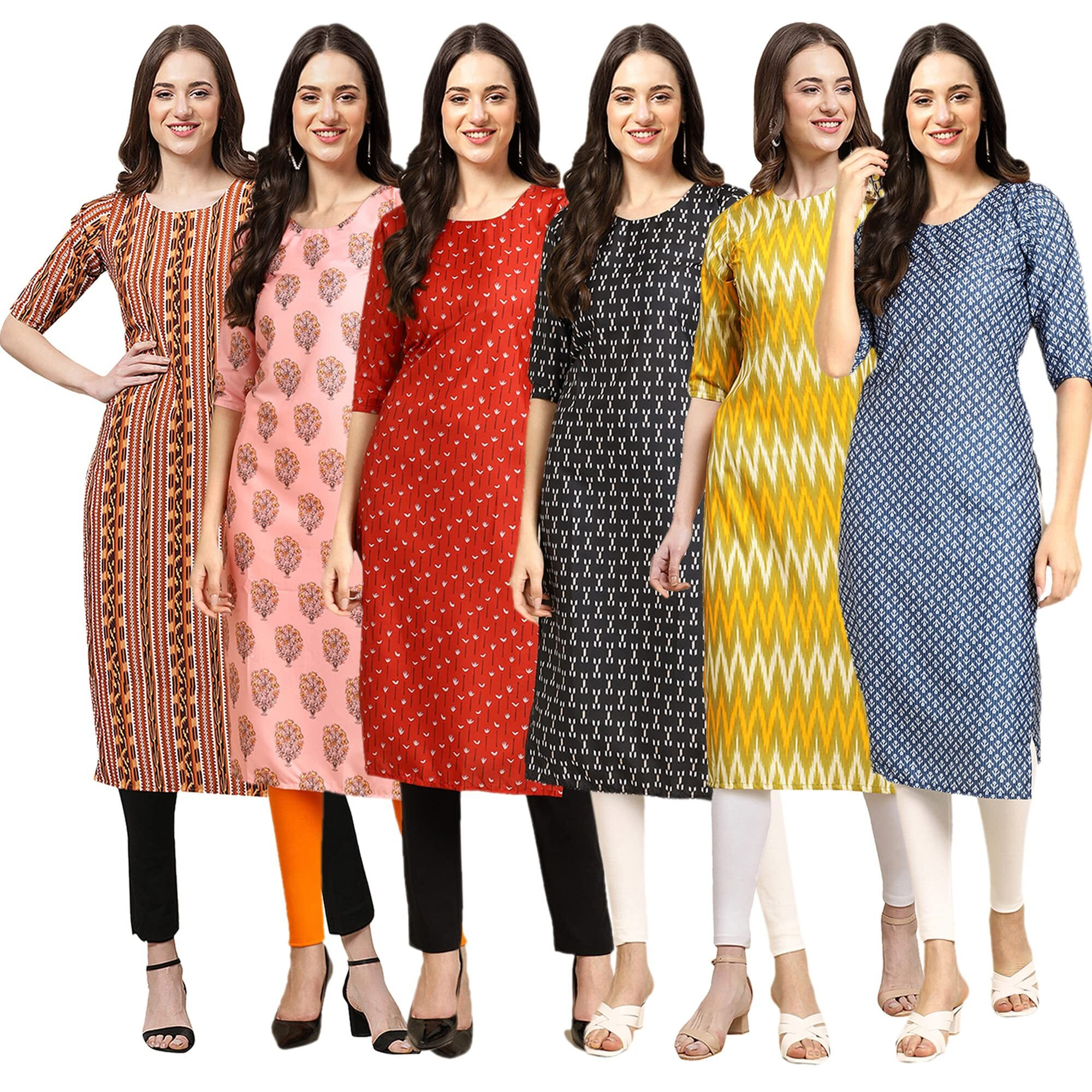 Pinkmint Women's Crepe Digital Print Straight Kurta [Pack Of 6] (Mj-344-368-370-362-329-367-M)
