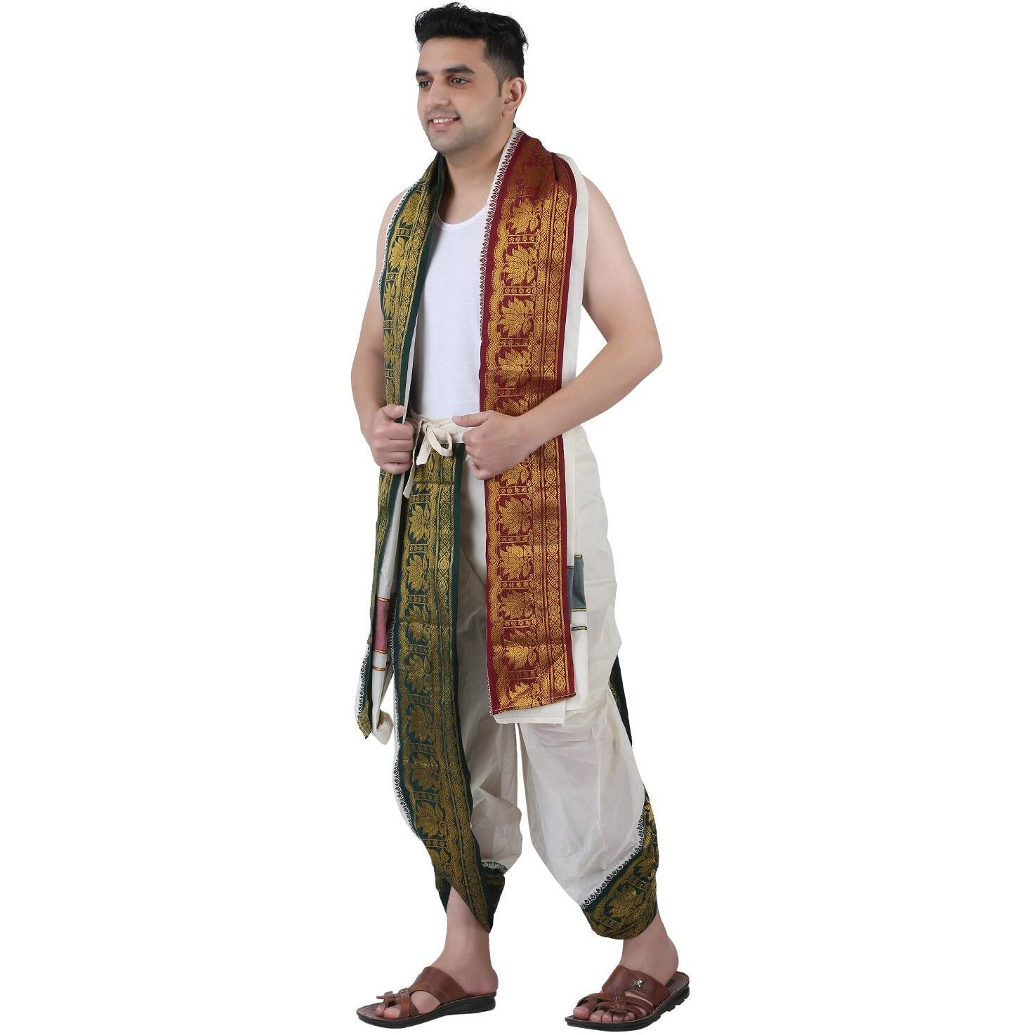 Prakasam Cotton Men's Stitched Panchakacham (Ready To Wear) Dhoti Towel Set With Pocket- Free Size (Cream)