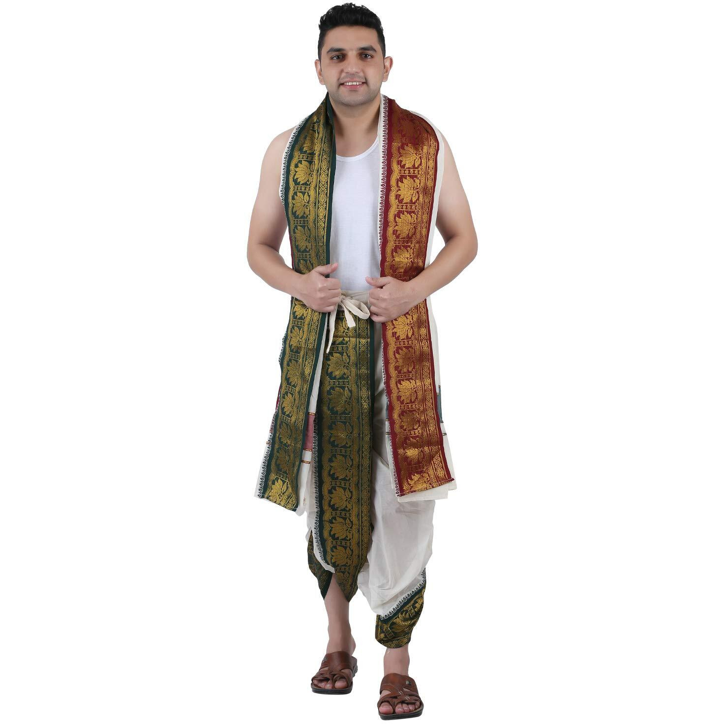 Prakasam Cotton Men's Stitched Panchakacham (Ready To Wear) Dhoti Towel Set With Pocket- Free Size (Cream)