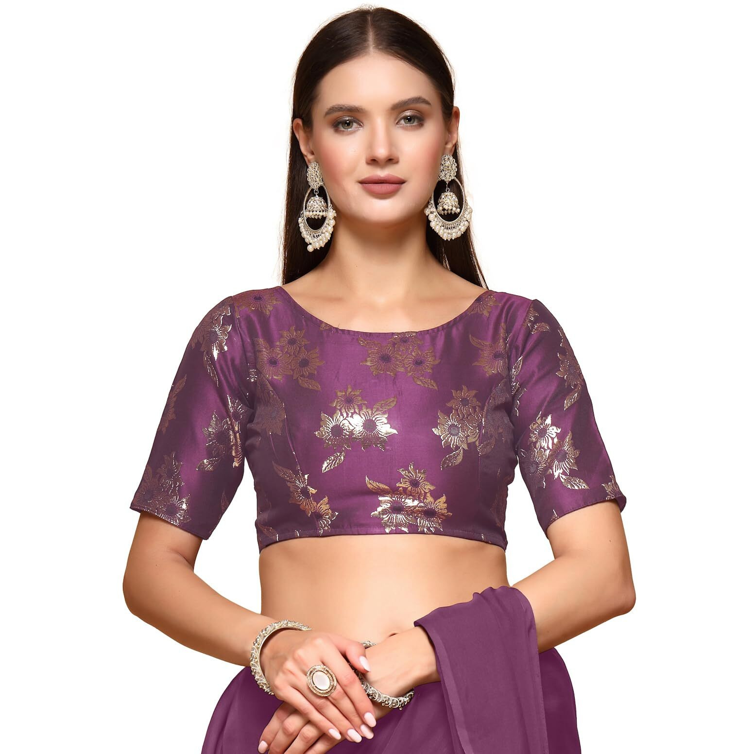 Oomph Women's Indian Ethnic Wear Designer Floral Pattern Zari Work Boat Neck Half Sleeve Light Purple Color Brocade Readymade Blouse For Saree Or Lehnga And Fusion Twist. S