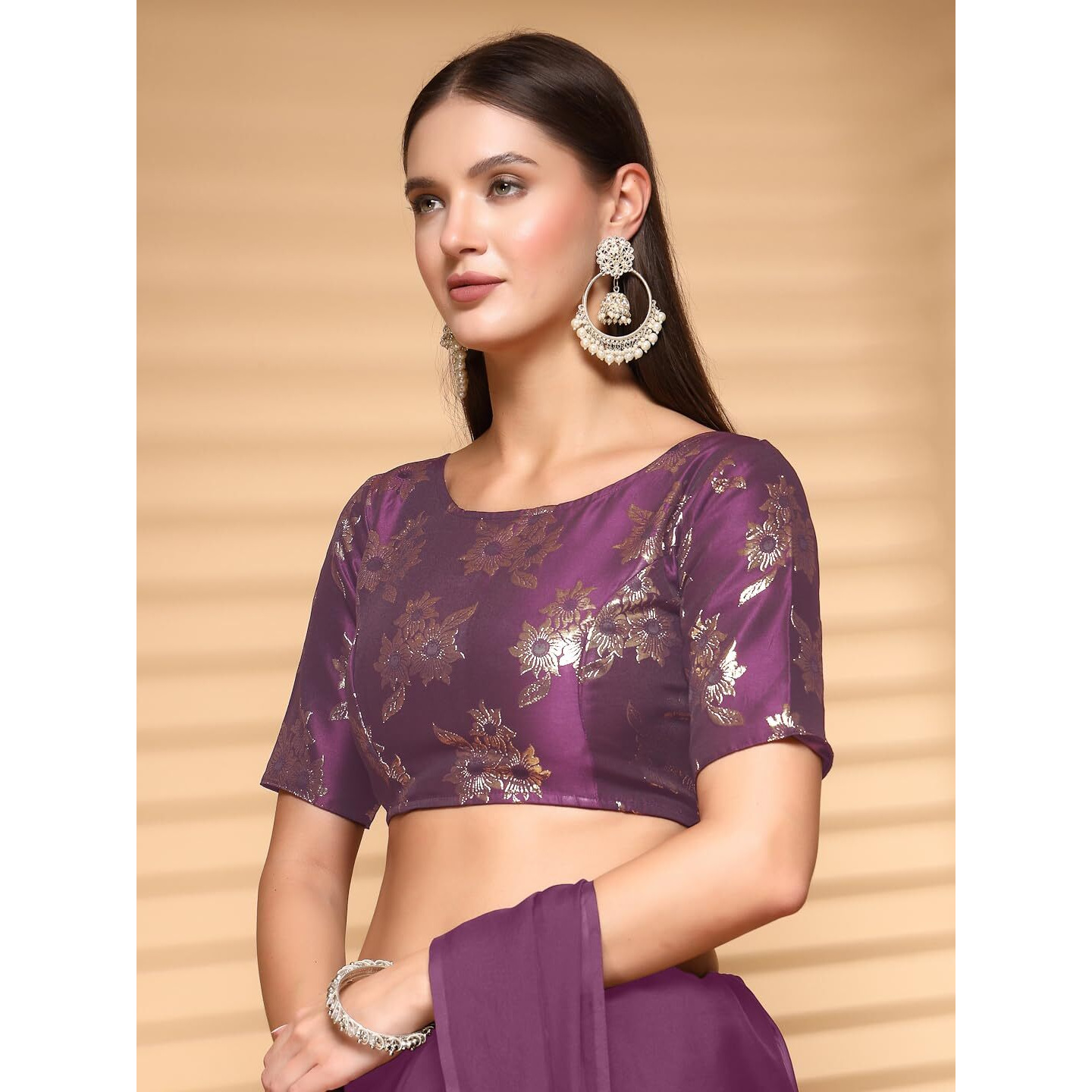 Oomph Women's Indian Ethnic Wear Designer Floral Pattern Zari Work Boat Neck Half Sleeve Light Purple Color Brocade Readymade Blouse For Saree Or Lehnga And Fusion Twist. S