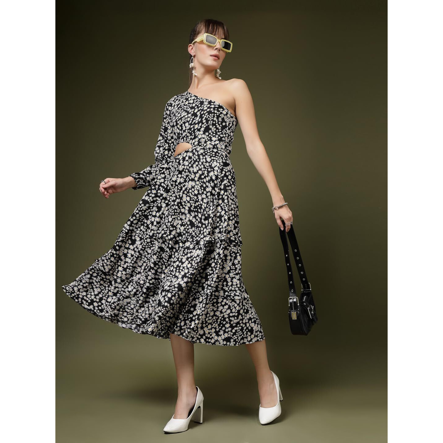 Oomph Women's Western & Fusion Wear Printed Crepe Dress For Women, One Shoulder, Black - Md1064