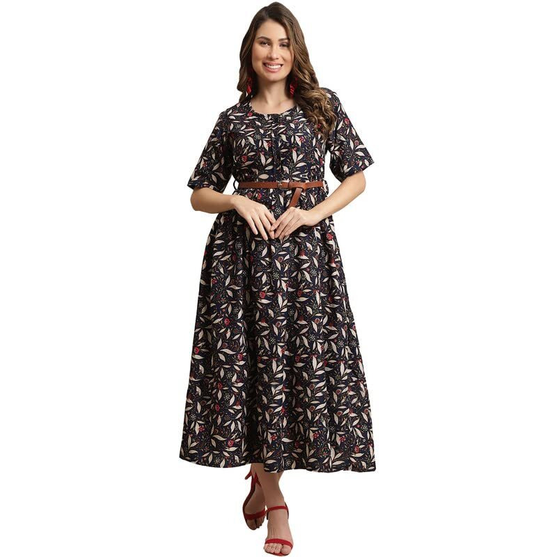 Preneum Women's Georgette Floral Printed 3/4 Slevees A-Line Fit & Flare Gown With Beltindo-Western Ethnic Gown || A-Line Maxi Dress Casual Wear || Fit & Flare Flared Hem Design, Jet Black, M