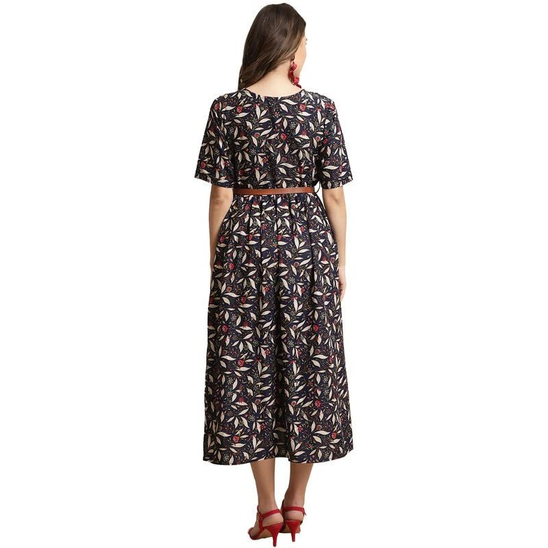 Preneum Women's Georgette Floral Printed 3/4 Slevees A-Line Fit & Flare Gown With Beltindo-Western Ethnic Gown || A-Line Maxi Dress Casual Wear || Fit & Flare Flared Hem Design, Jet Black, M