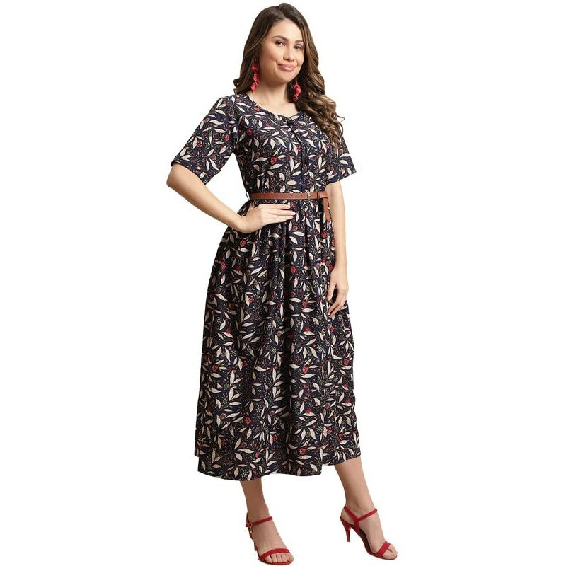 Preneum Women's Georgette Floral Printed 3/4 Slevees A-Line Fit & Flare Gown With Beltindo-Western Ethnic Gown || A-Line Maxi Dress Casual Wear || Fit & Flare Flared Hem Design, Jet Black, M
