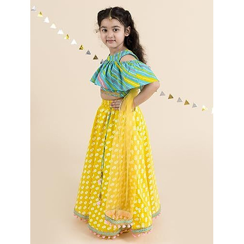 Pspeaches Girls Cotton Lehenga Choli Readymade Yellow Blue Printed Ready To Wear Blouse With Dupatta (Yellow-10-12Y)
