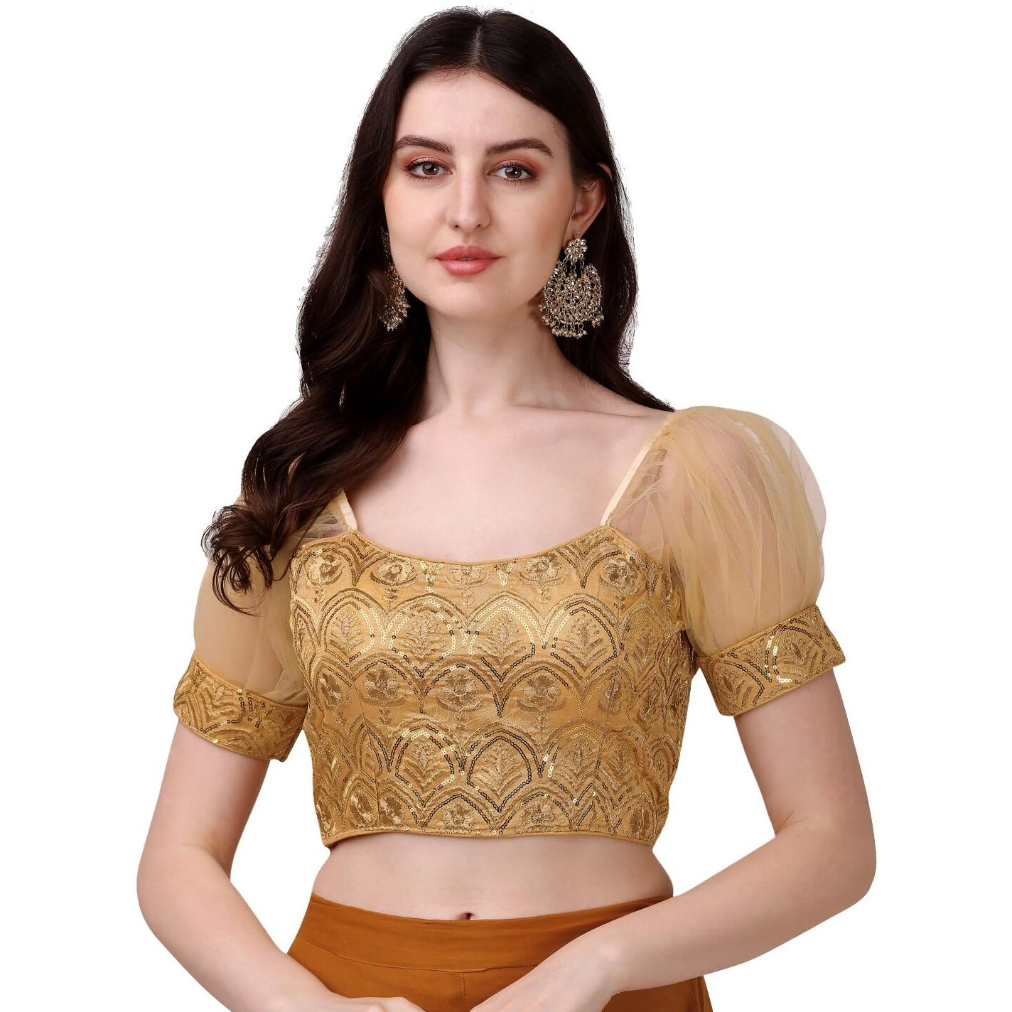 Pujia Mills Womens Net Fabrics Round Neck Puff Sleeve Blouse (Gold, 34)