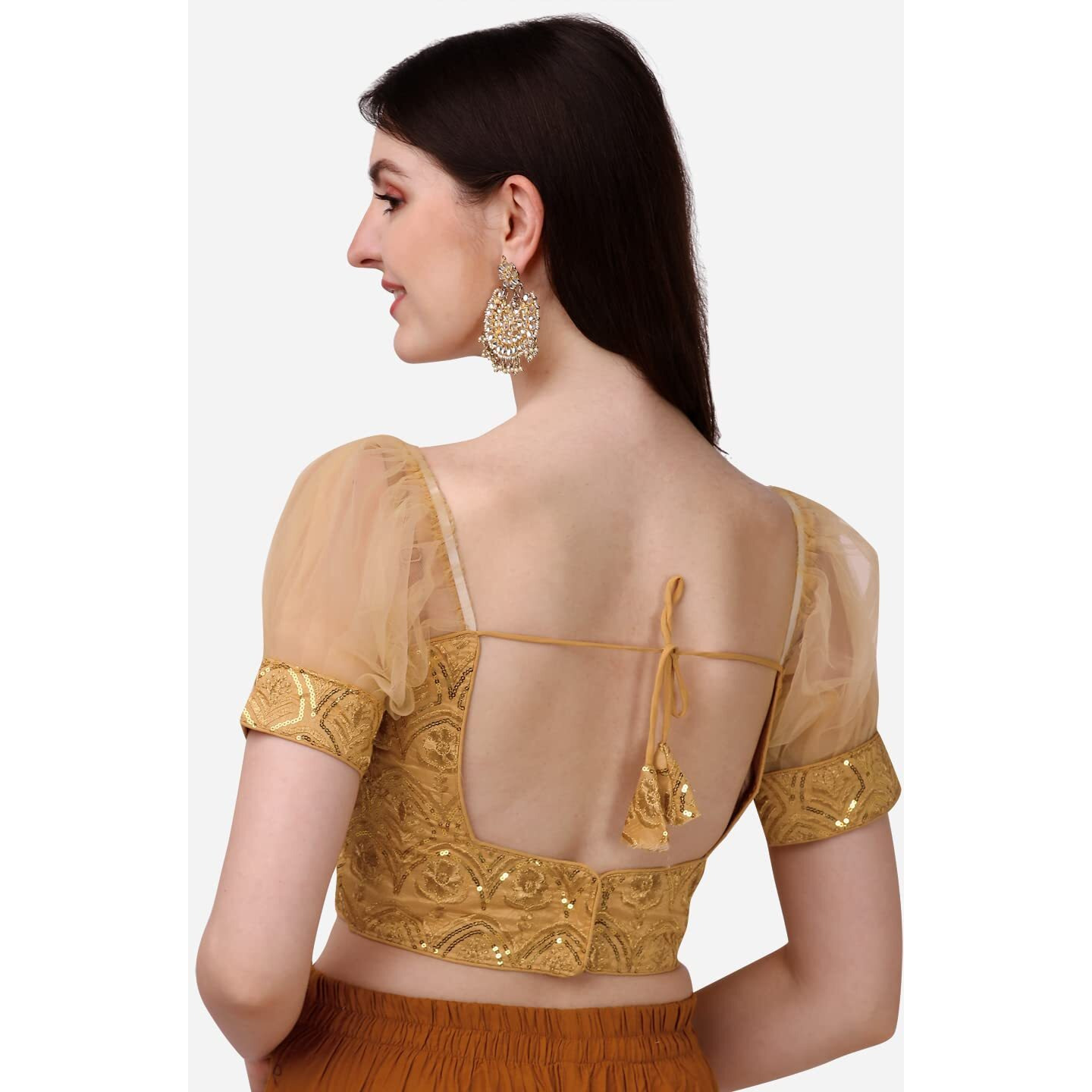 Pujia Mills Womens Net Fabrics Round Neck Puff Sleeve Blouse (Gold, 34)