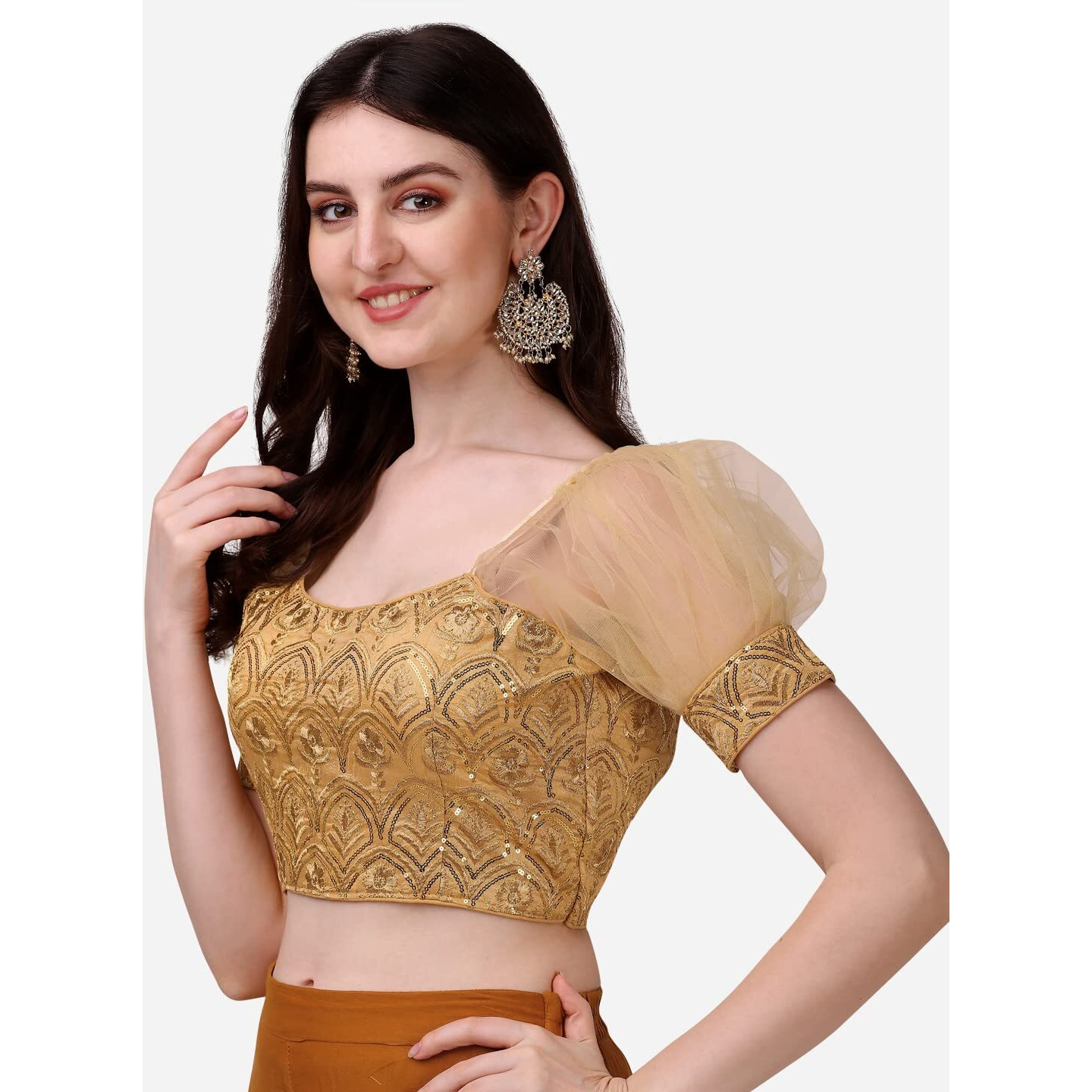 Pujia Mills Womens Net Fabrics Round Neck Puff Sleeve Blouse (Gold, 34)