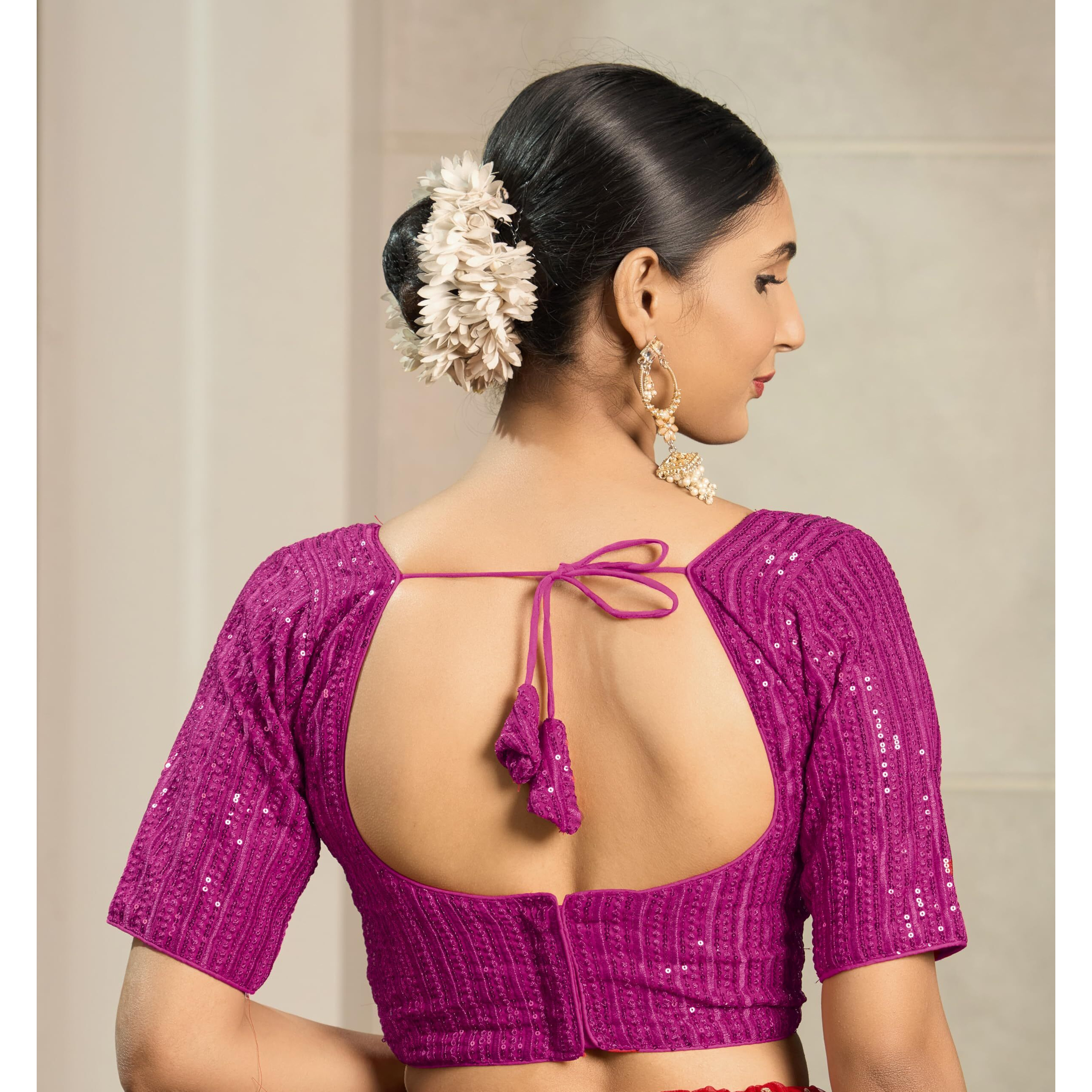 Pujia Mills Women's Indian Ethnic Wear Designer Silver Sequence With Matching Embroidered Work V Neck Half Sleeve Readymade Padded Saree Blouse Readymade Unique Pink Color Saree Blouse