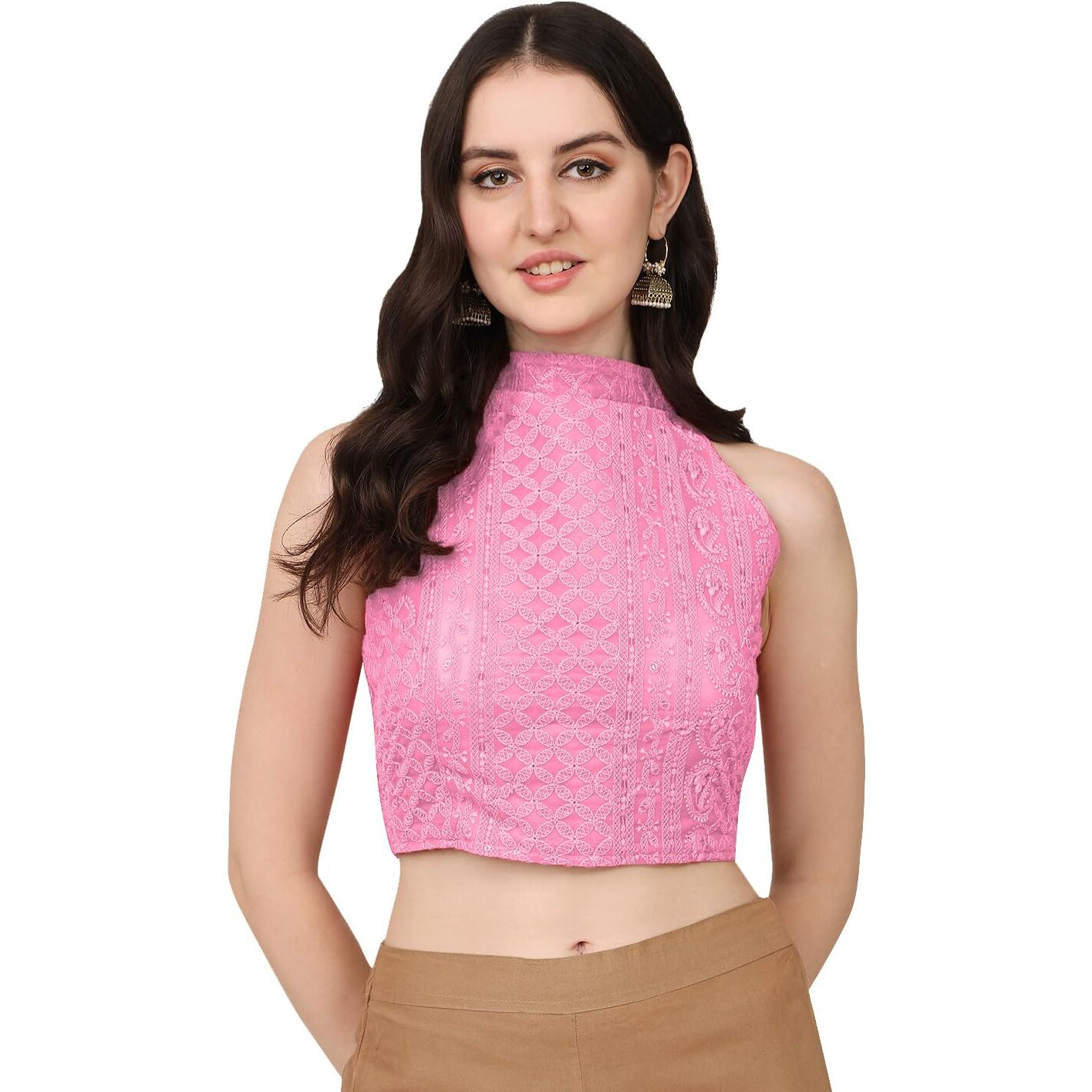 Pujia Mills Women's Halter Neck Chickenkari Work Readymade Saree Blouse (Baby Pink, 38)