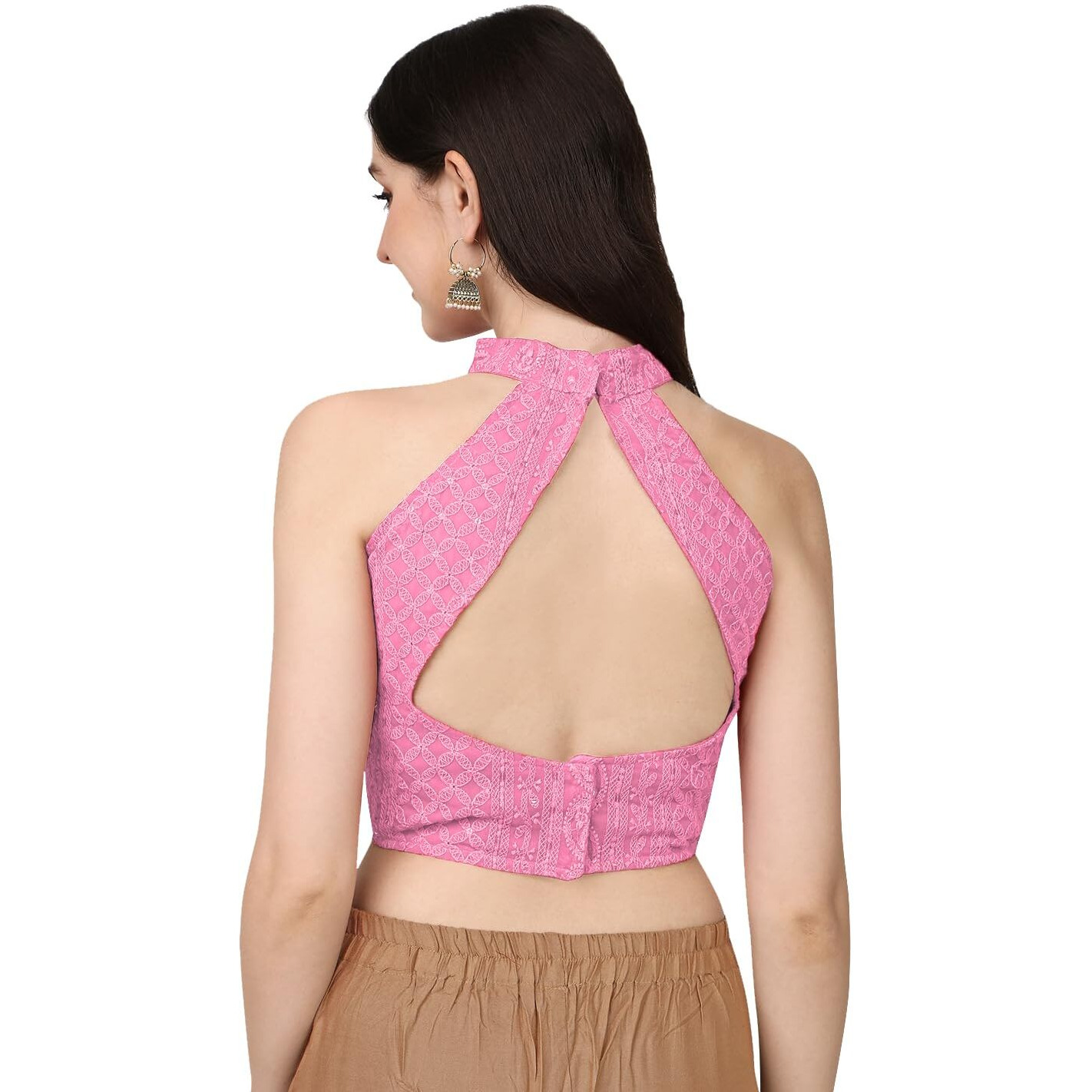 Pujia Mills Women's Halter Neck Chickenkari Work Readymade Saree Blouse (Baby Pink, 38)