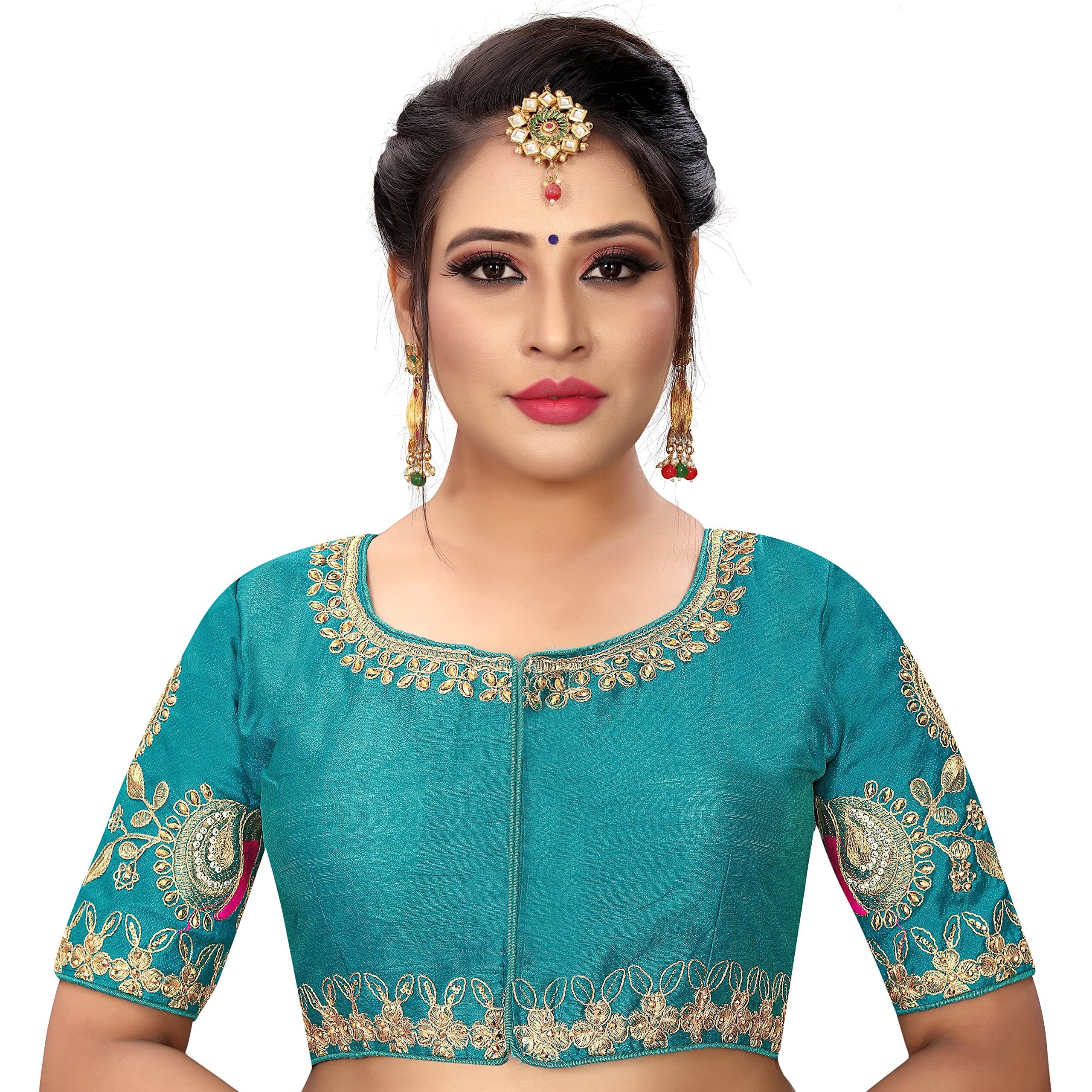 Pujia Mills Women's Phantom Silk Elephant Half Sleeve Saree Blouse (Dumbo_Rama_38 Size+Margin)