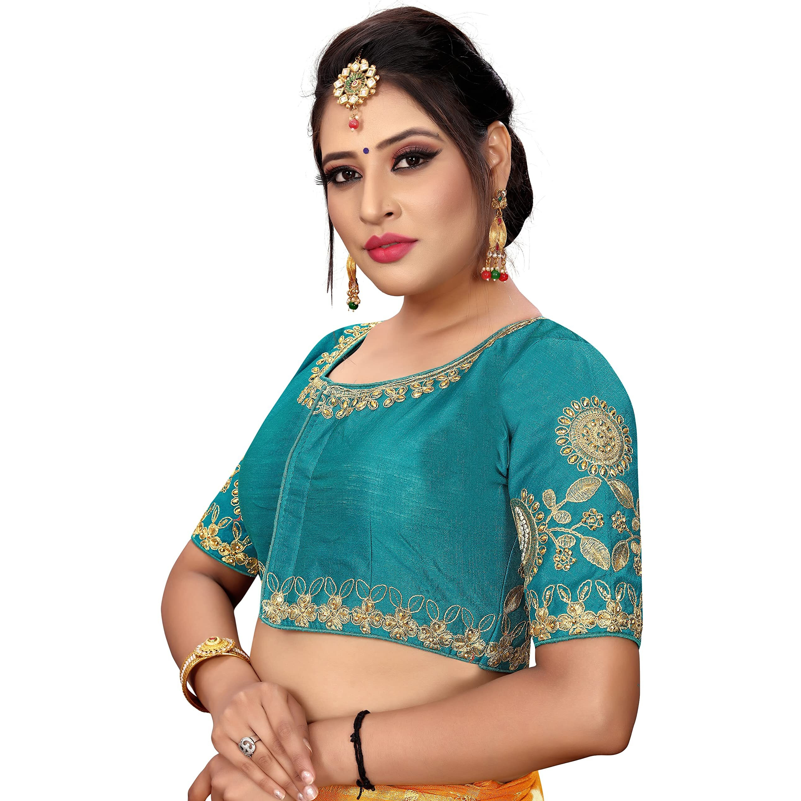 Pujia Mills Women's Phantom Silk Elephant Half Sleeve Saree Blouse (Dumbo_Rama_38 Size+Margin)
