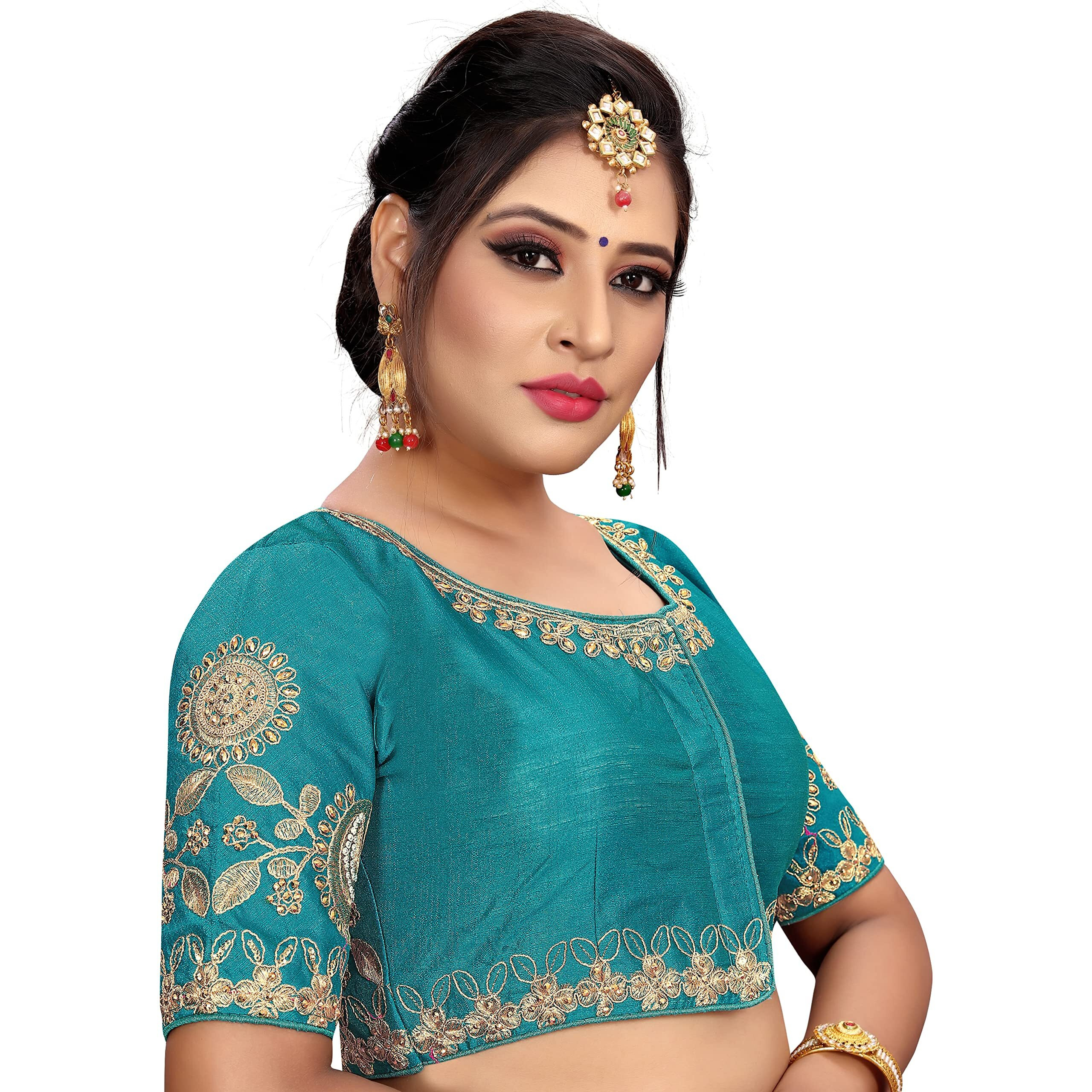 Pujia Mills Women's Phantom Silk Elephant Half Sleeve Saree Blouse (Dumbo_Rama_38 Size+Margin)
