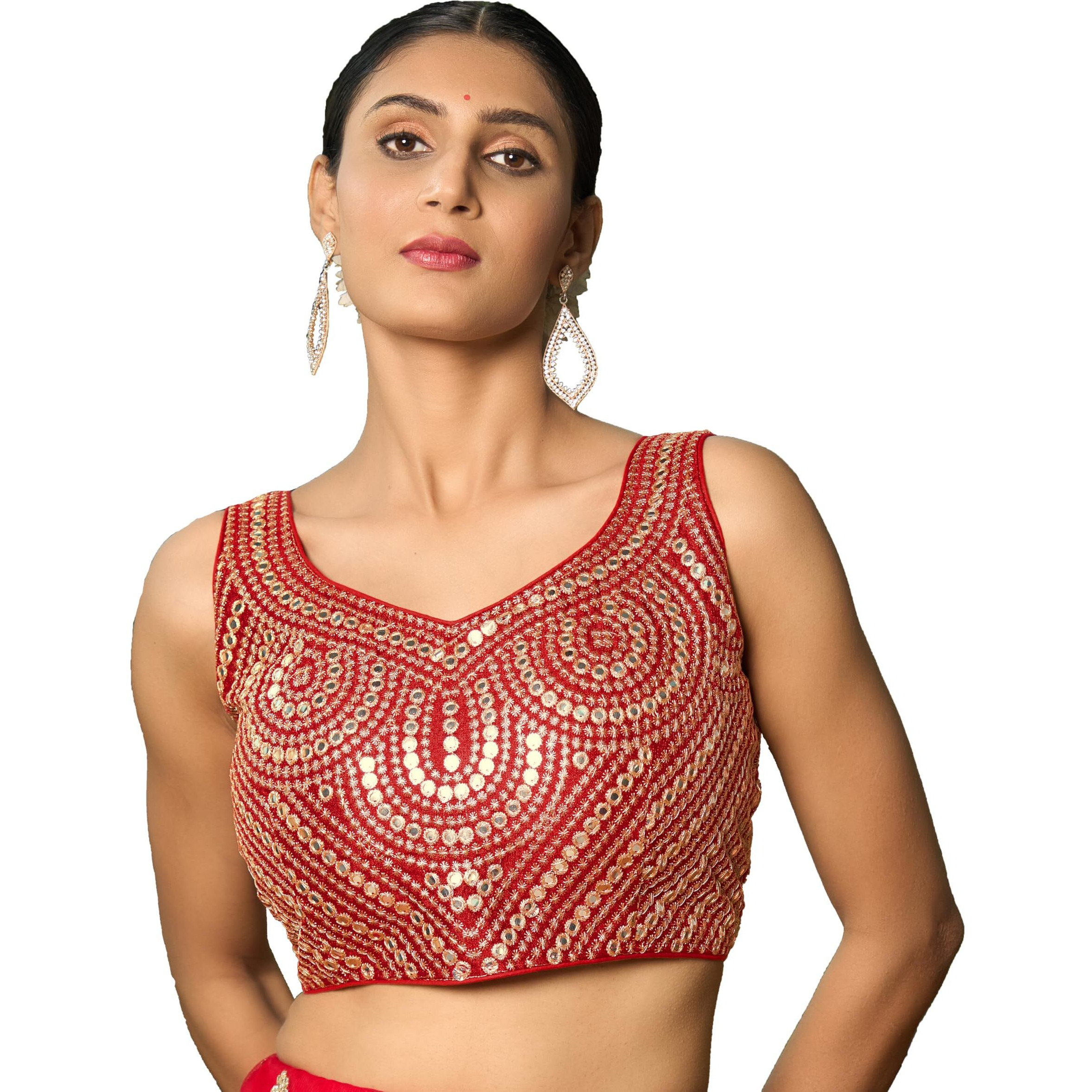 Pujia Mills Fancy Women's Foil Mirror And Thread Zari Work Sweetheart Neck Silk Sleeveless Blouse (Pc Bindi Foil Parent) (Red, 38)