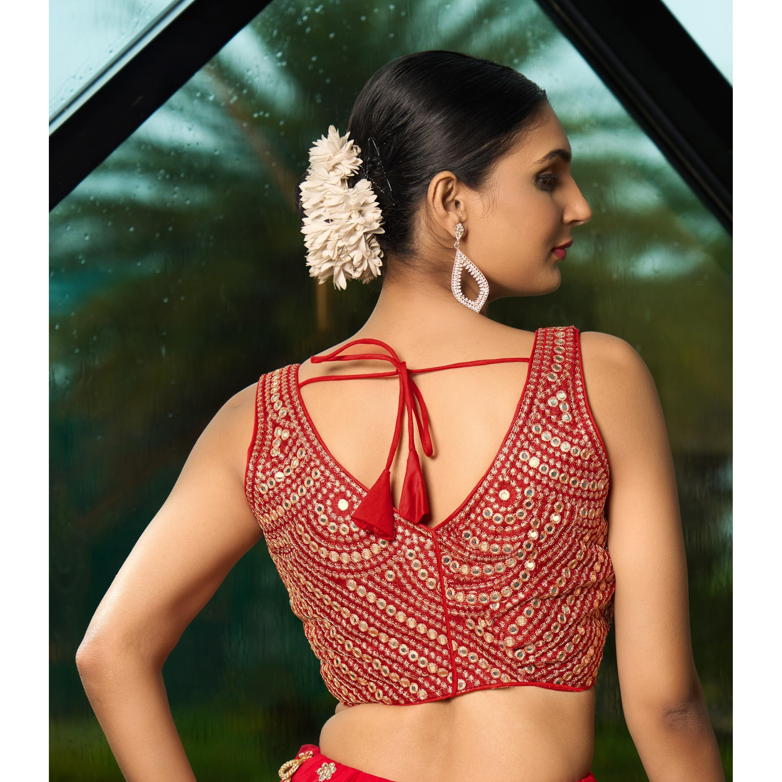 Pujia Mills Fancy Women's Foil Mirror And Thread Zari Work Sweetheart Neck Silk Sleeveless Blouse (Pc Bindi Foil Parent) (Red, 38)