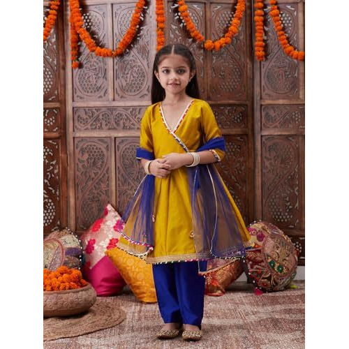Pspeaches Girl's Silk Kurta Set (Ks-Mustrdtafeta-5-6Y_Mustard