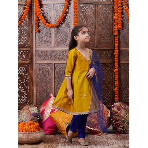 Pspeaches Girl's Silk Kurta Set (Ks-Mustrdtafeta-5-6Y_Mustard