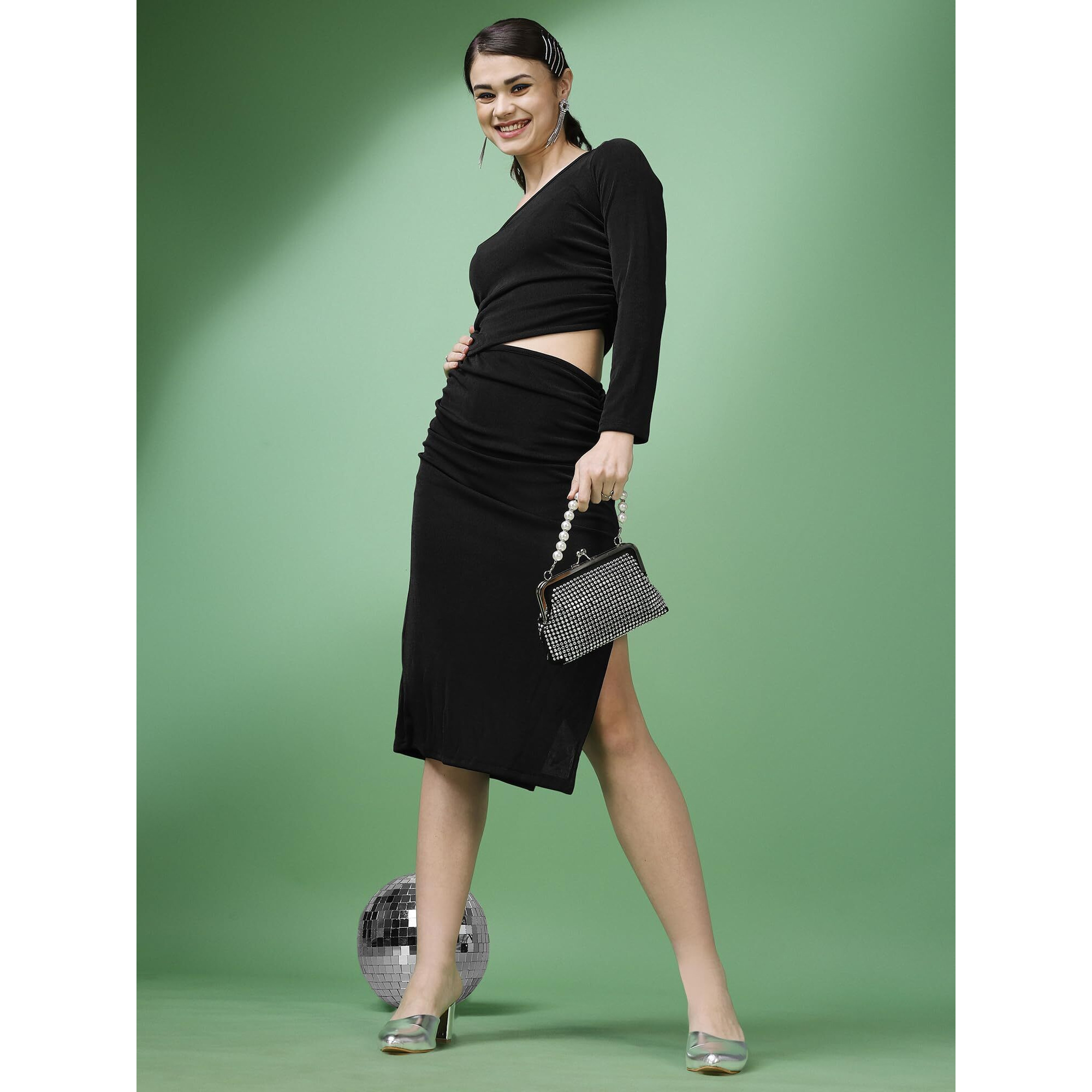 Purvaja Womens One Sholder Below Knee Length Dress(Shine-073-Black_Black_Xx-Large)