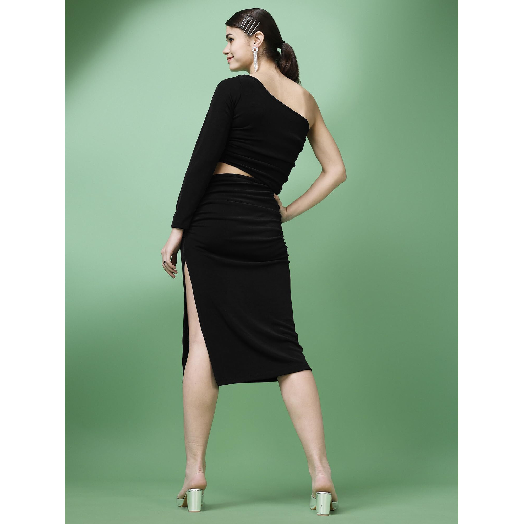 Purvaja Womens One Sholder Below Knee Length Dress(Shine-073-Black_Black_Xx-Large)