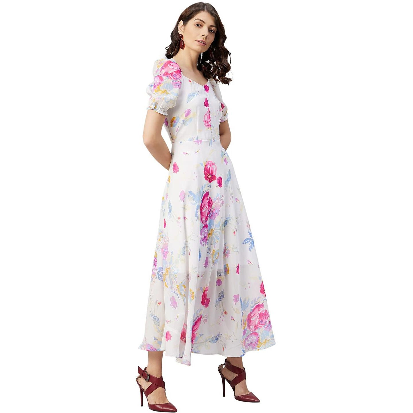 Rare Women's Georgette Fit And Flare Maxi Dress (Ep6218_White_M)