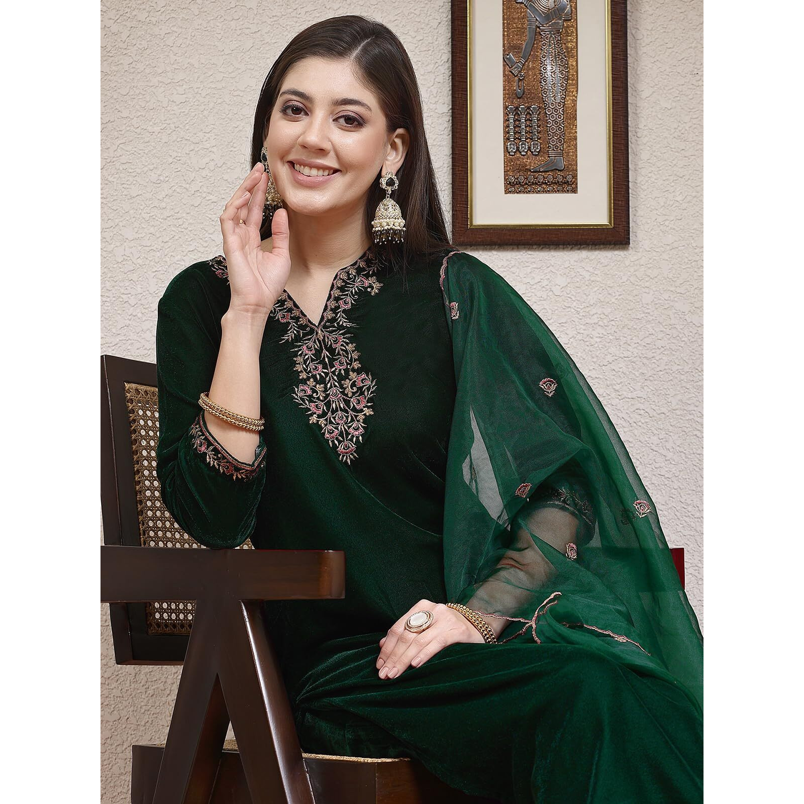 Sanisa Women's Velvet Embroidery Straight Kurta With Pant And Embroidery Dupatta (108Kbd1185Nz-Xxl_Dark Green)