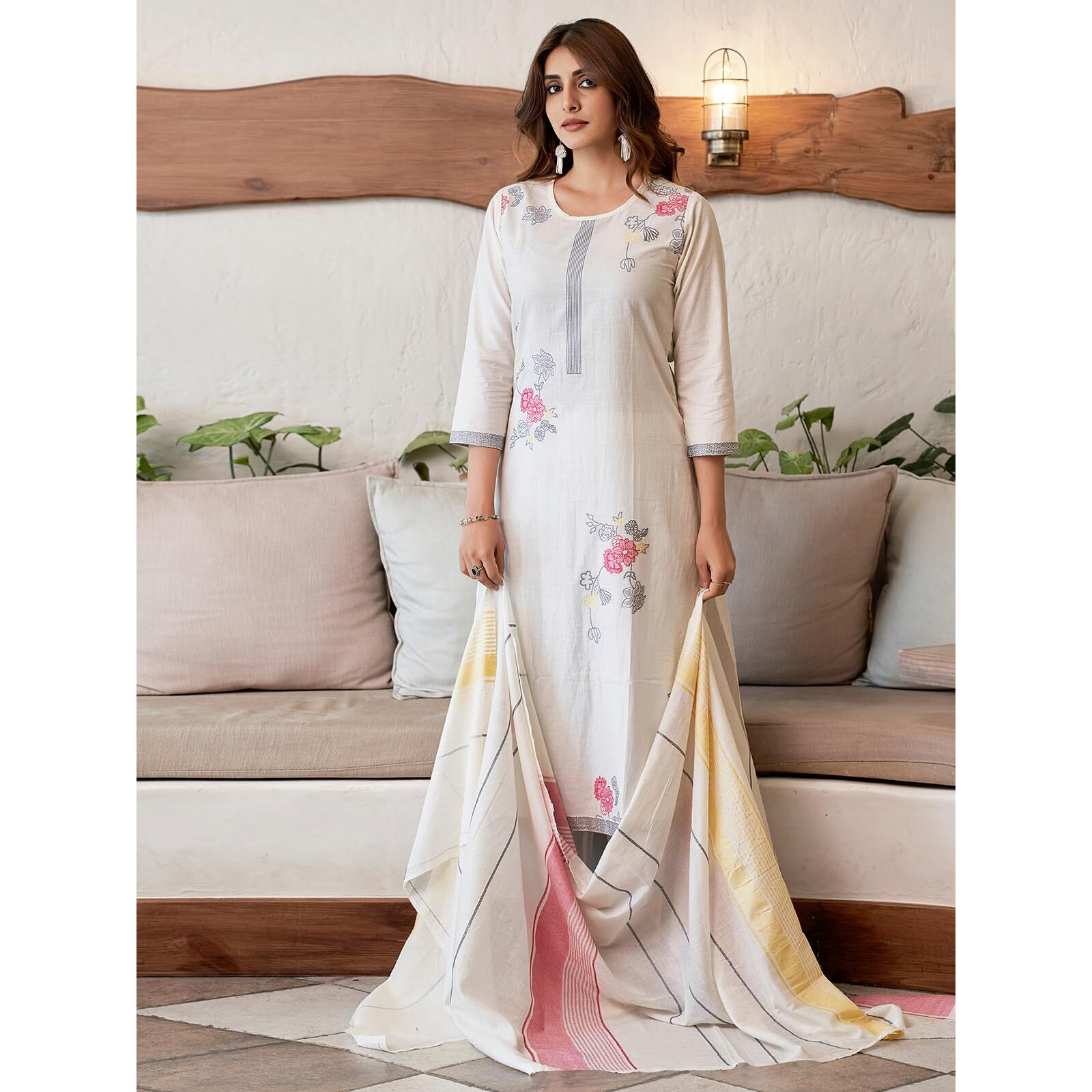 Sanisa Women's Cotton Jacquard Work Straight Kurta With Pant And Dupatta Set (212Kbd2243N-L_Off White & Multi)