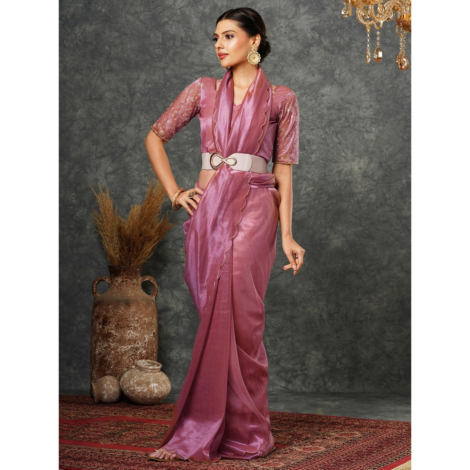 Satrani Women's Shimmer Net Embroidery And Scalloped Border Saree With Unstitched Blouse Piece (3899S444N_Rose Pink)