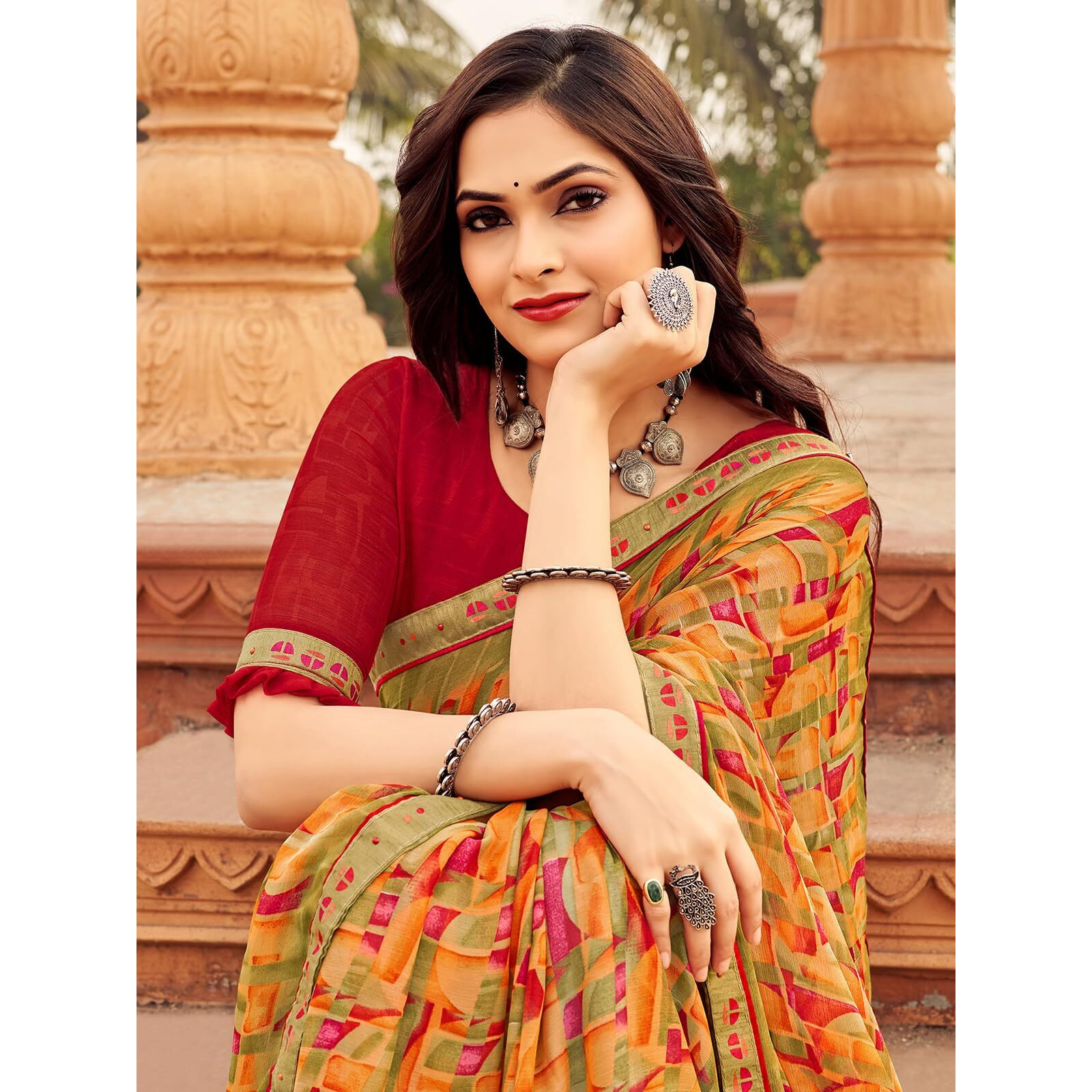 Satrani Women's Chiffon Geometric Printed Saree With Unstitched Blouse Piece (4038S3271N_Khaki & Orange & Red)