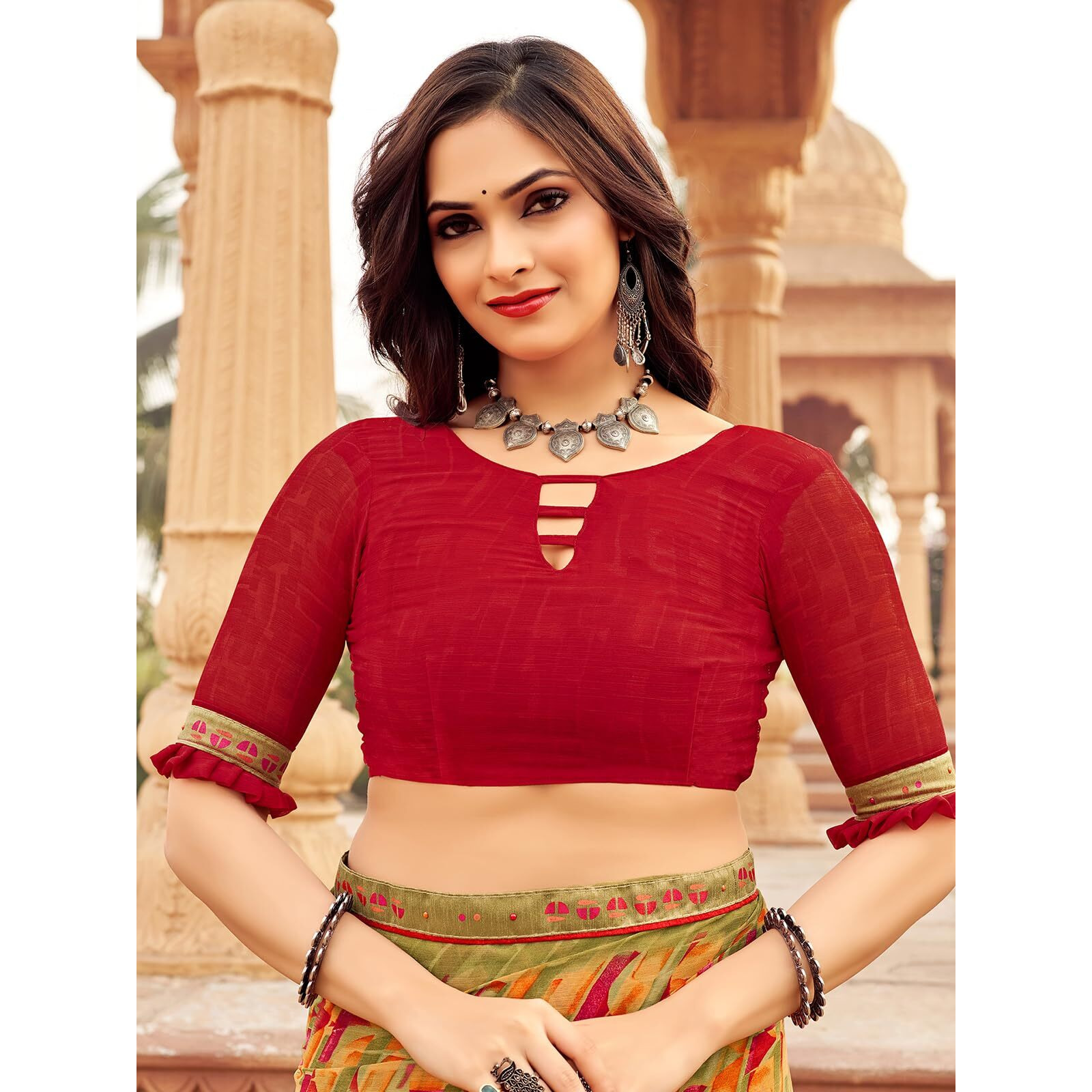 Satrani Women's Chiffon Geometric Printed Saree With Unstitched Blouse Piece (4038S3271N_Khaki & Orange & Red)