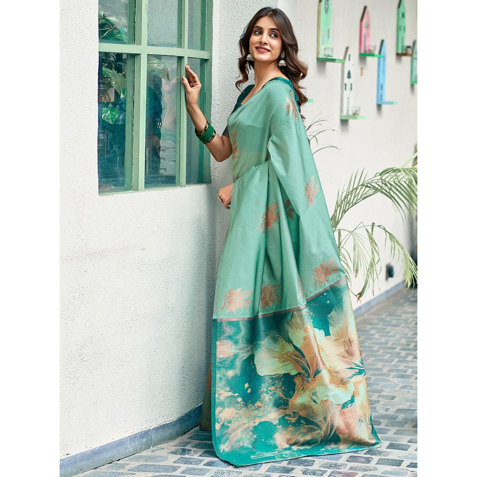 Satrani Women's Banarasi Silk Jacquard Saree With Unstitched Blouse Piece (3697S111N_Mint Green)