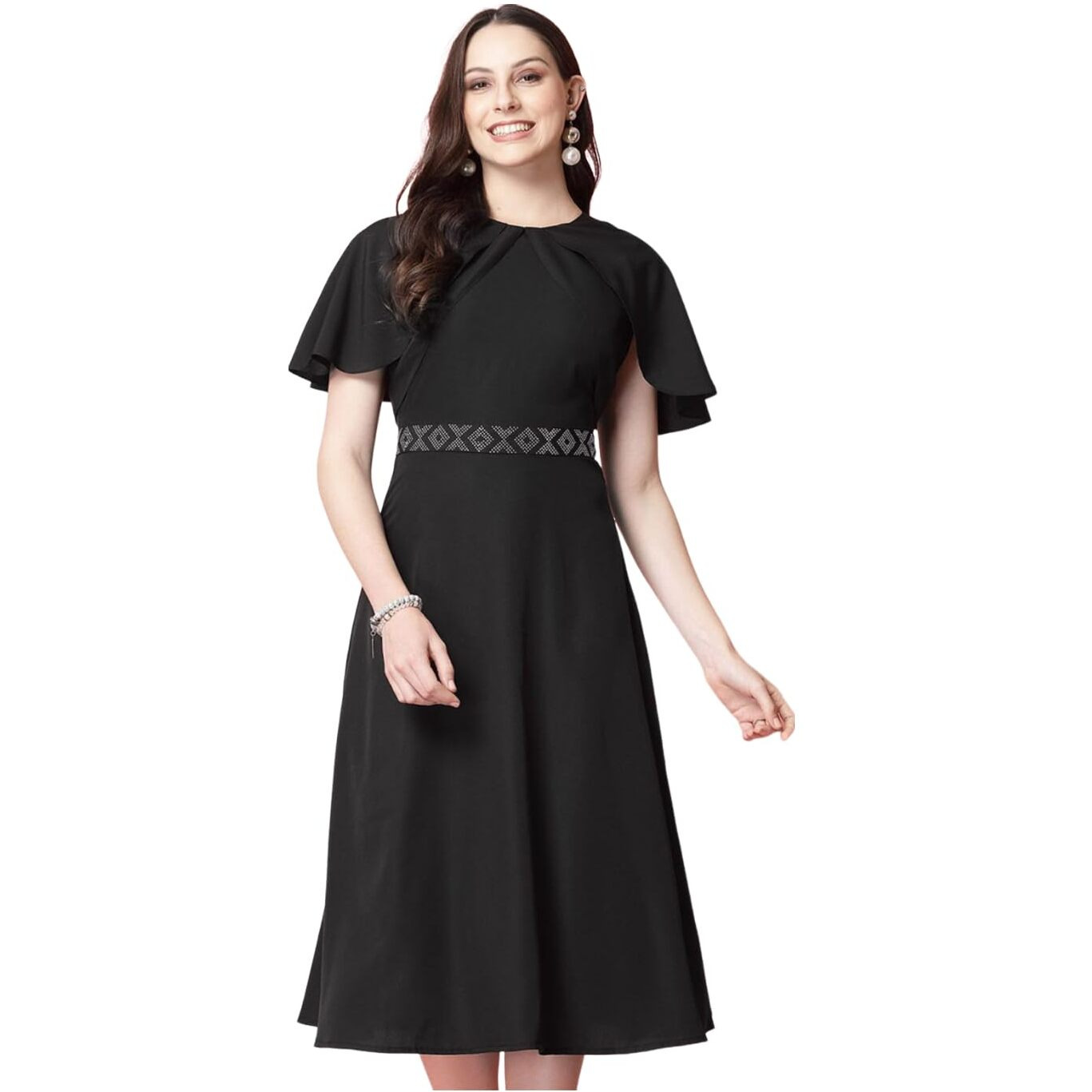 Selvia Women's Western Dress | Stone Work Flutter Sleeve Crepe Western Dress For Women | Round Neck A-Line Dress For Women | One Piece Dress For Women (665Dtk686N-Xs_Black)