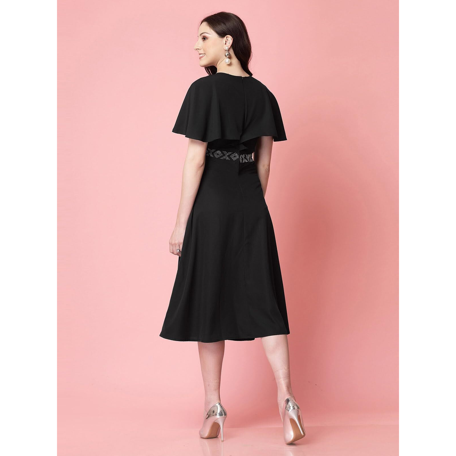 Selvia Women's Western Dress | Stone Work Flutter Sleeve Crepe Western Dress For Women | Round Neck A-Line Dress For Women | One Piece Dress For Women (665Dtk686N-Xs_Black)