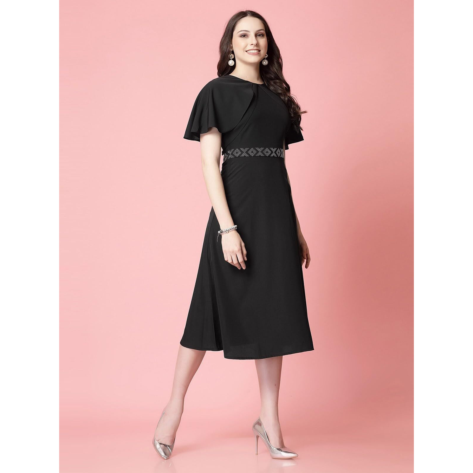 Selvia Women's Western Dress | Stone Work Flutter Sleeve Crepe Western Dress For Women | Round Neck A-Line Dress For Women | One Piece Dress For Women (665Dtk686N-Xs_Black)